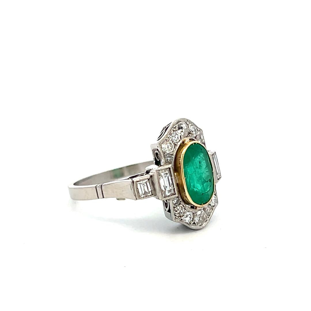 18K Gold Platinum Art Deco Ring 0.72ct H SI Diamonds & 6.5x9.5mm Emerald Size 8