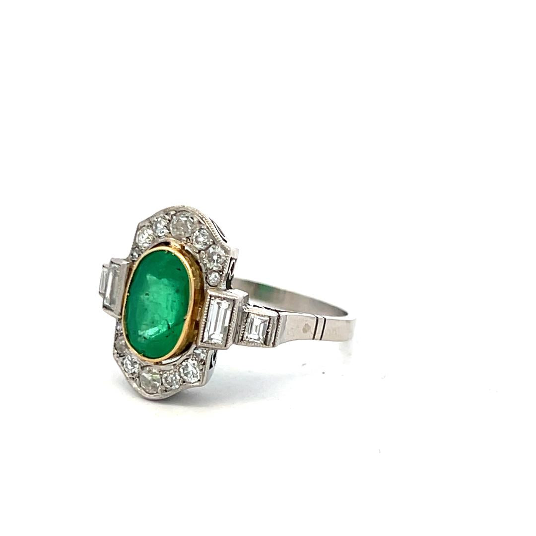 18K Gold Platinum Art Deco Ring 0.72ct H SI Diamonds & 6.5x9.5mm Emerald Size 8