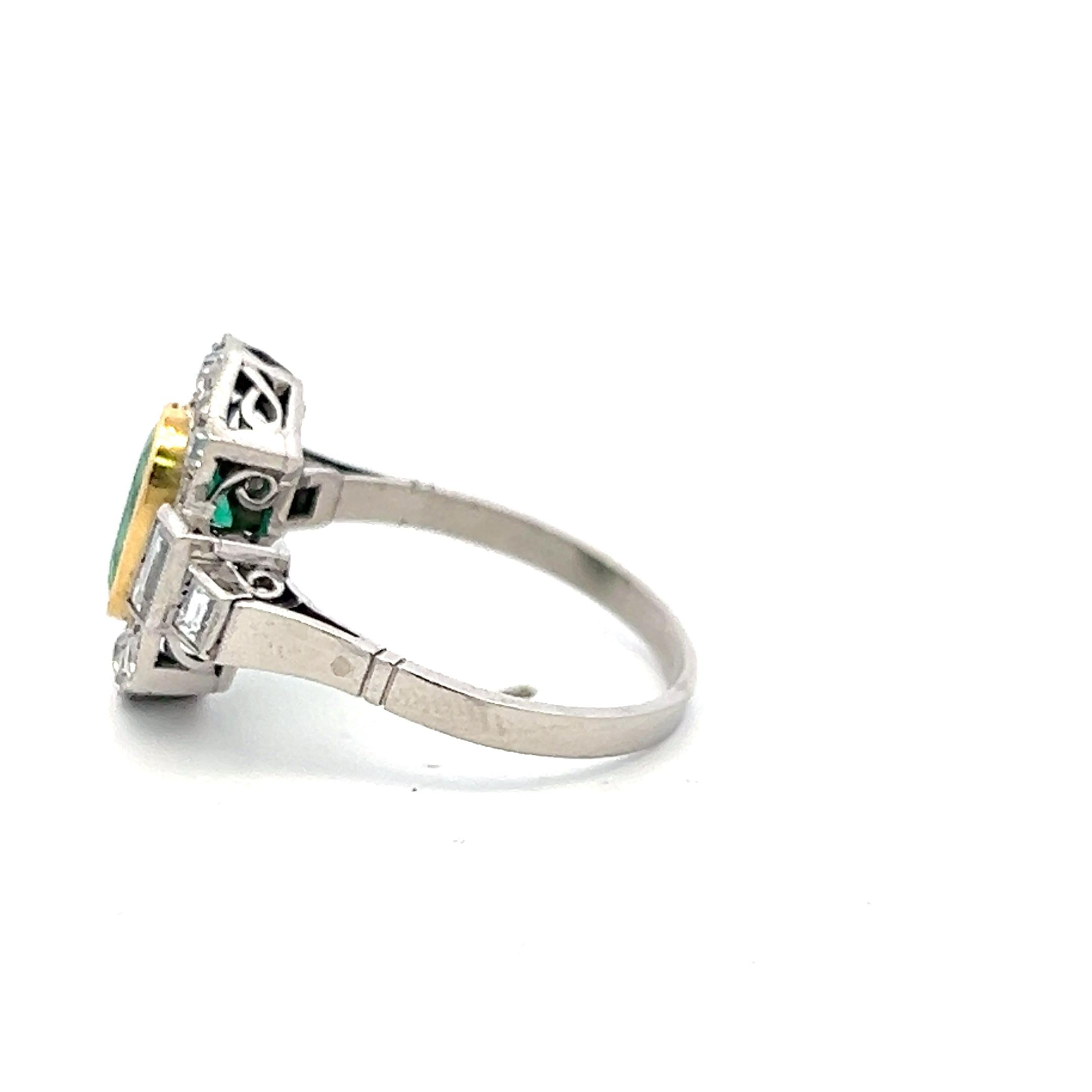 18K Gold Platinum Art Deco Ring 0.72ct H SI Diamonds & 6.5x9.5mm Emerald Size 8