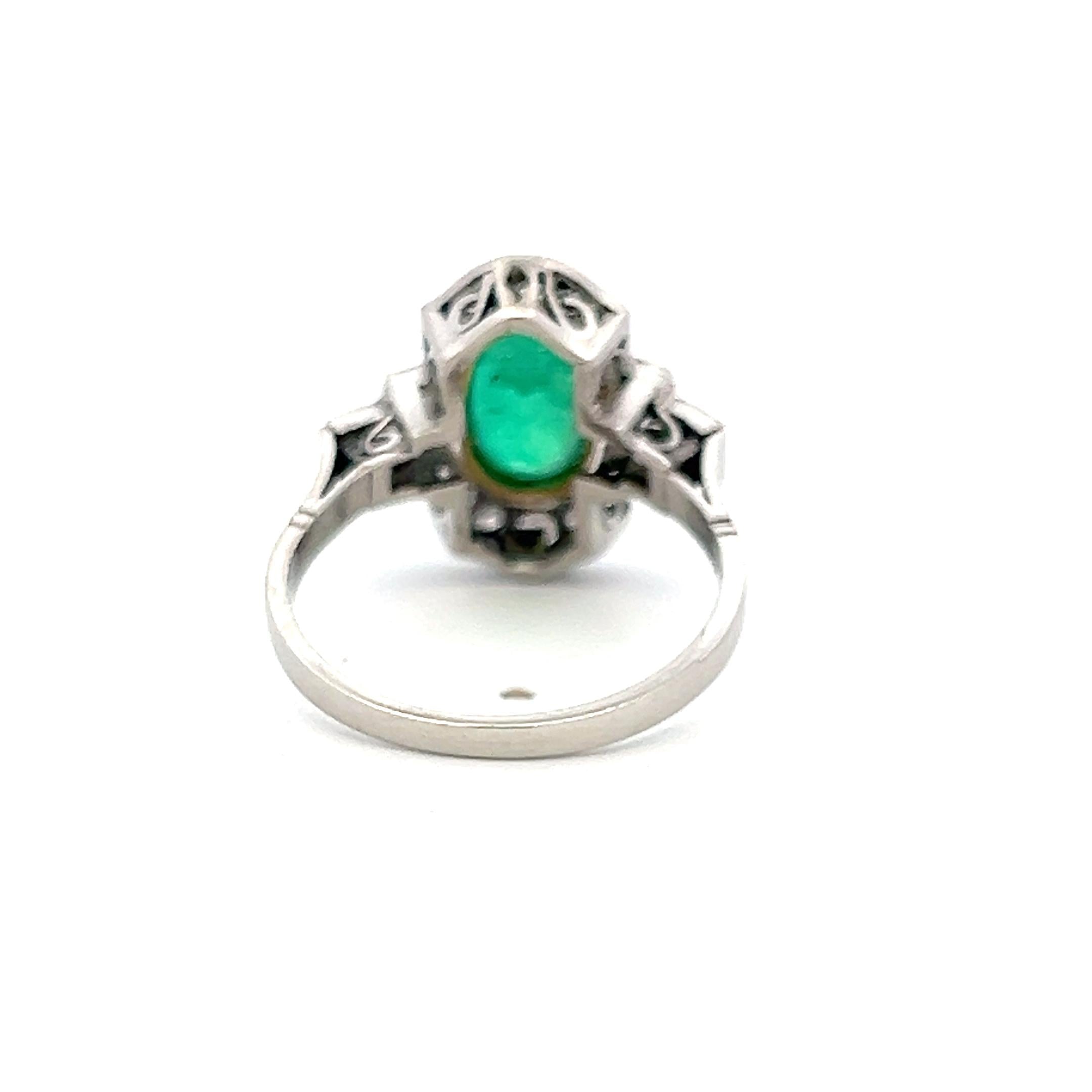 18K Gold Platinum Art Deco Ring 0.72ct H SI Diamonds & 6.5x9.5mm Emerald Size 8