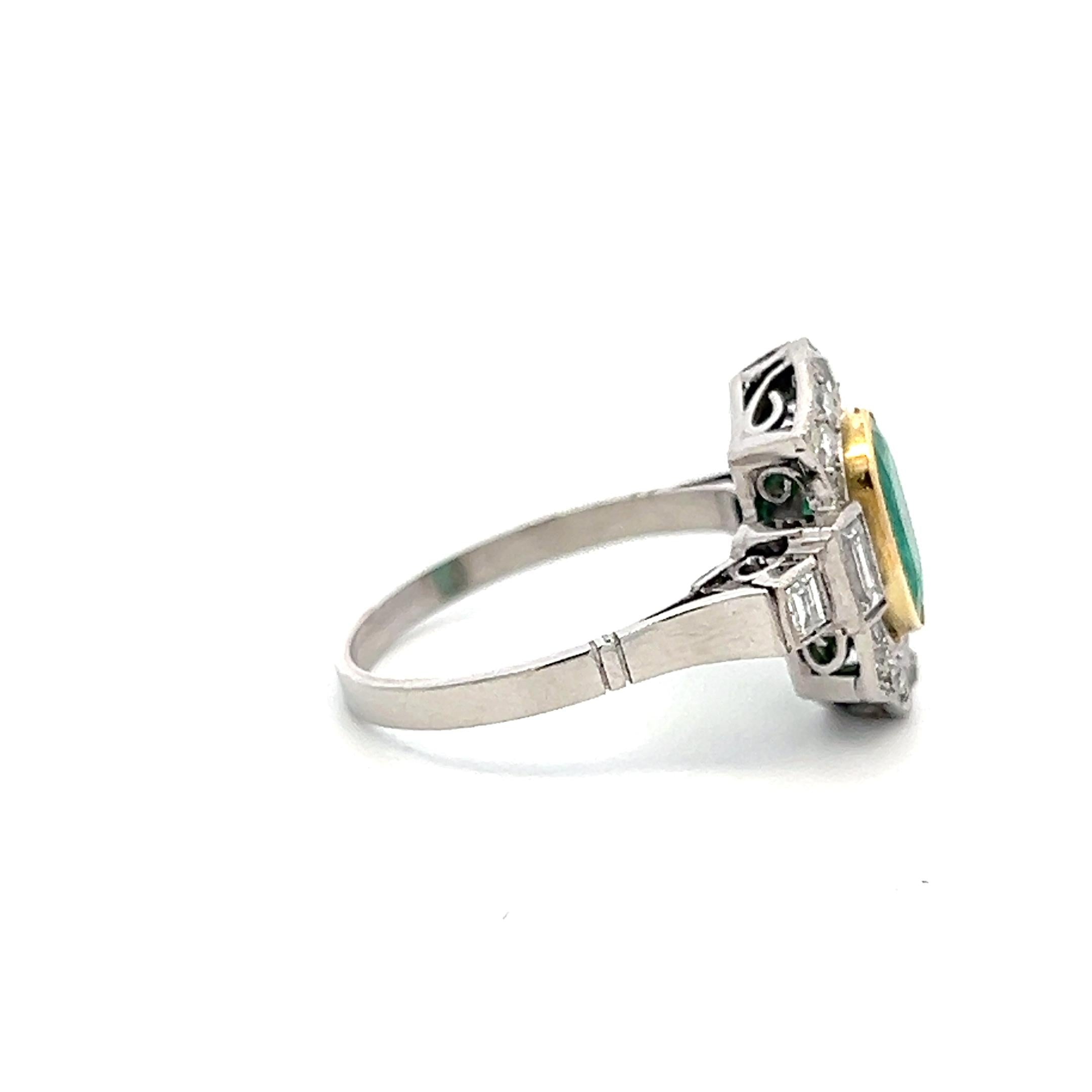 18K Gold Platinum Art Deco Ring 0.72ct H SI Diamonds & 6.5x9.5mm Emerald Size 8