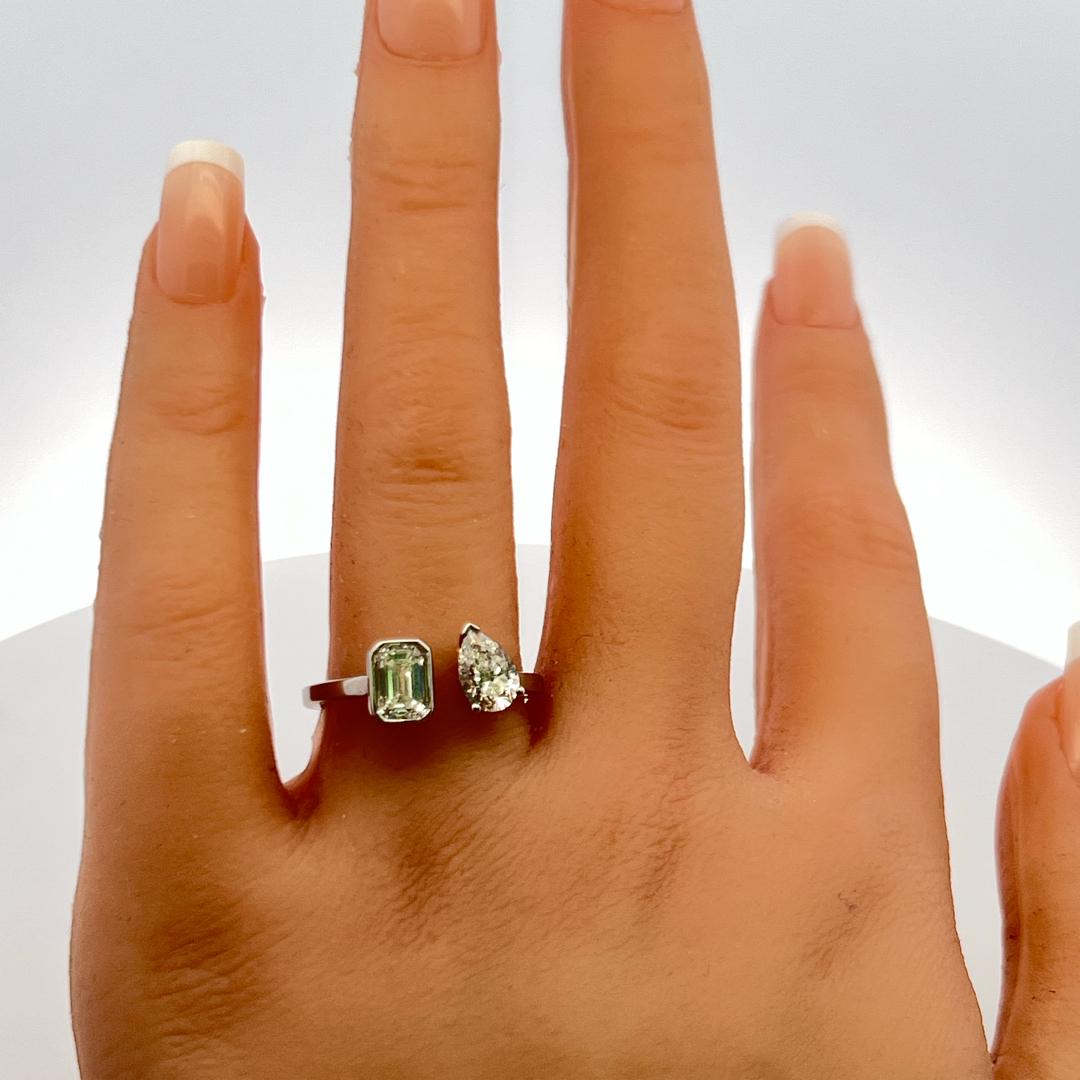 18K WG Two-Stone Ring with 0.75 Carat Emerald & 0.6 Carat Pear Diamond Size 8