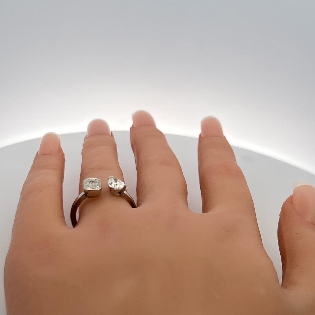 18K WG Two-Stone Ring with 0.75 Carat Emerald & 0.6 Carat Pear Diamond Size 8