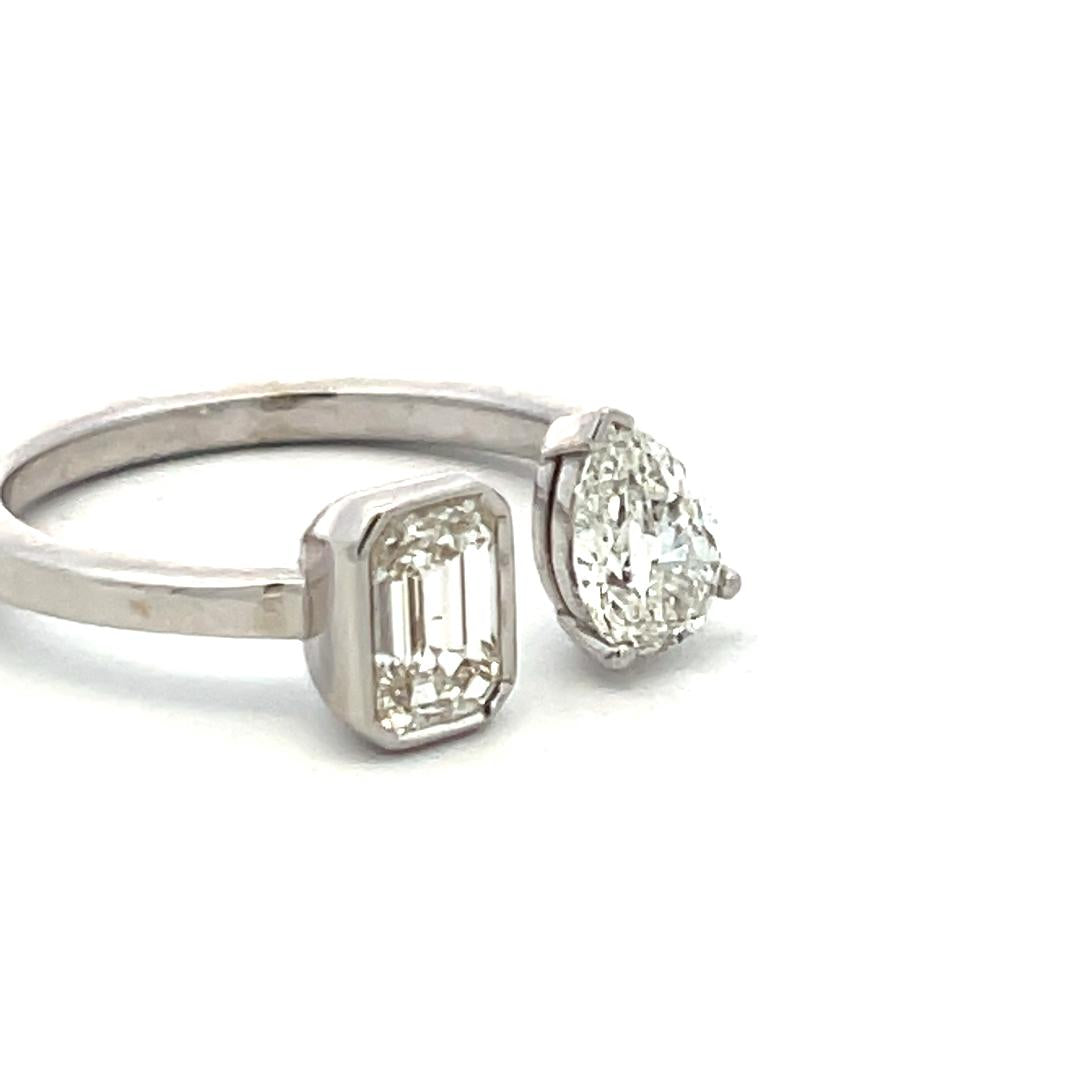 18K WG Two-Stone Ring with 0.75 Carat Emerald & 0.6 Carat Pear Diamond Size 8