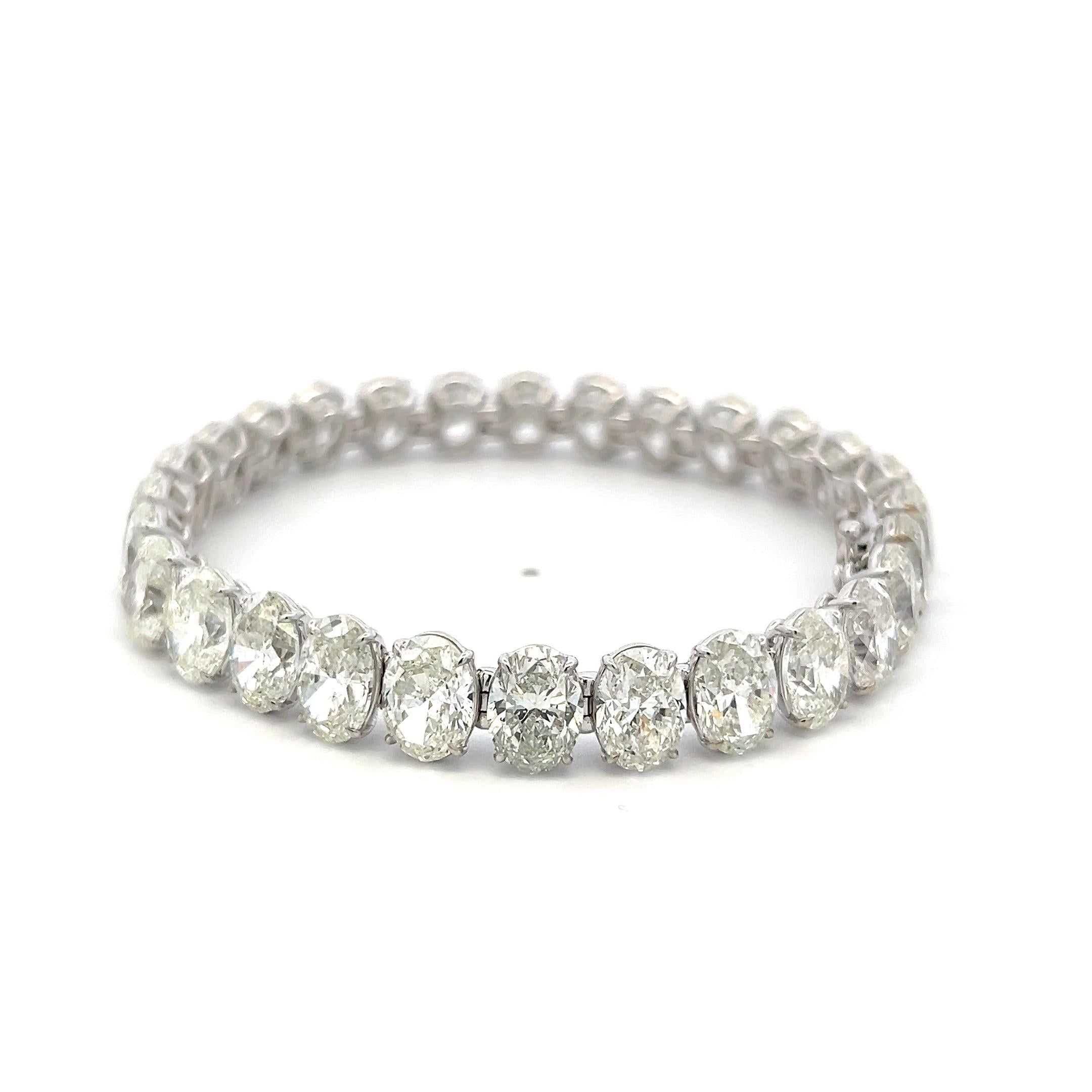 Vintage 18K White Gold Tennis Bracelet with 42.19 Carat Oval Shape Diamonds GIA