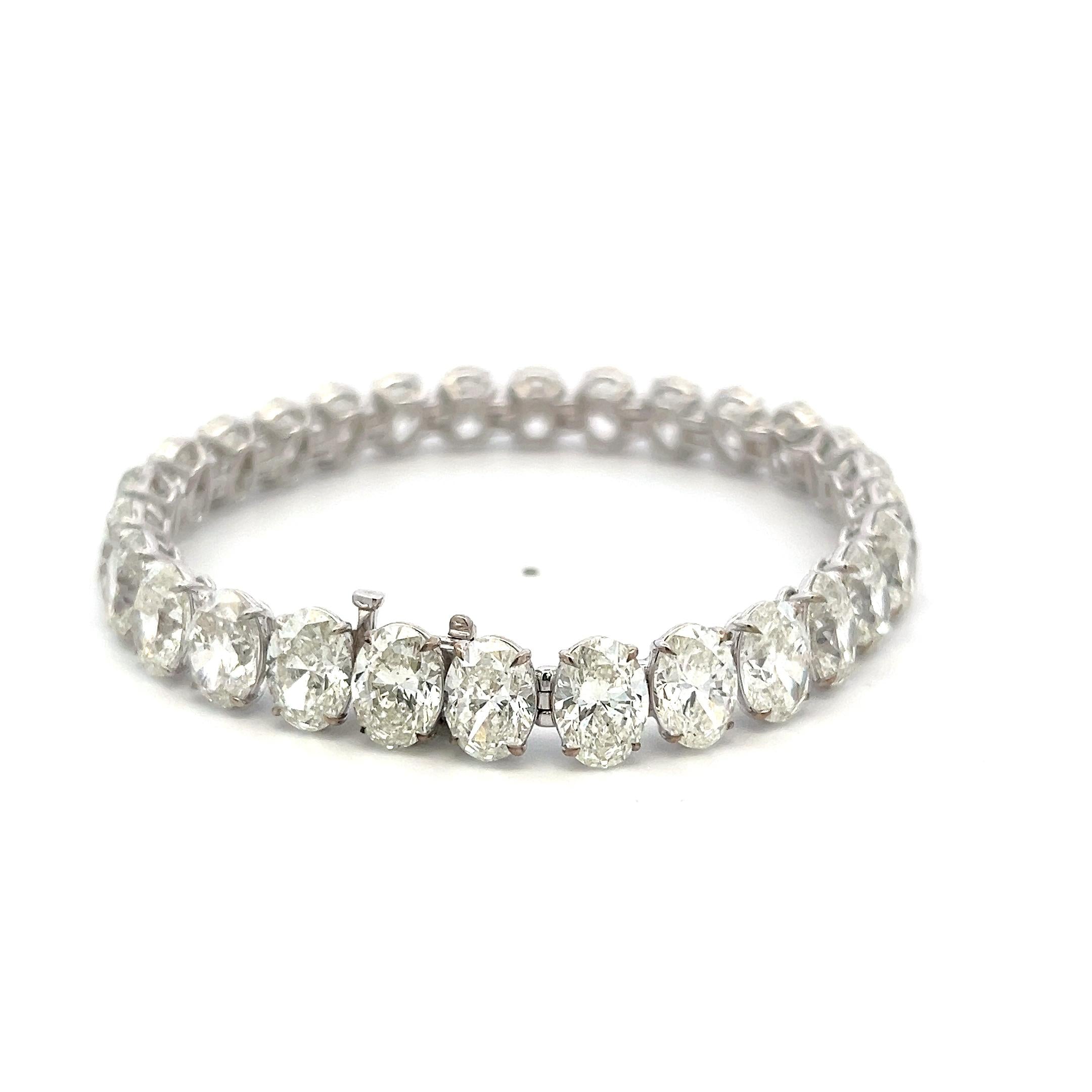 Vintage 18K White Gold Tennis Bracelet with 42.19 Carat Oval Shape Diamonds GIA