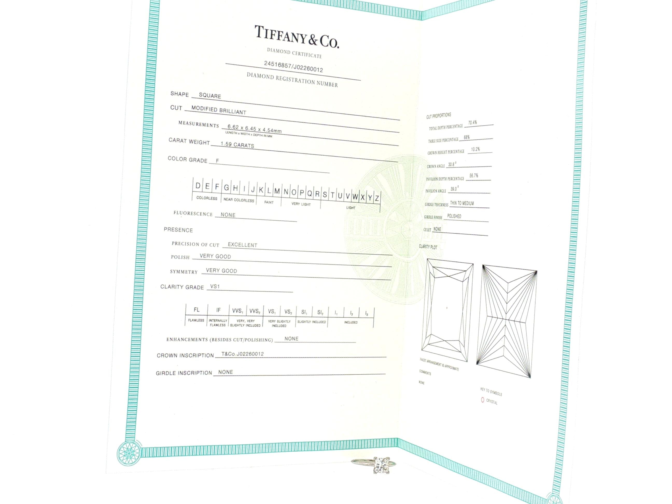 Tiffany & Co Platinum Engagement Ring 1.59 Carat Princess Cut Diamond Size 6