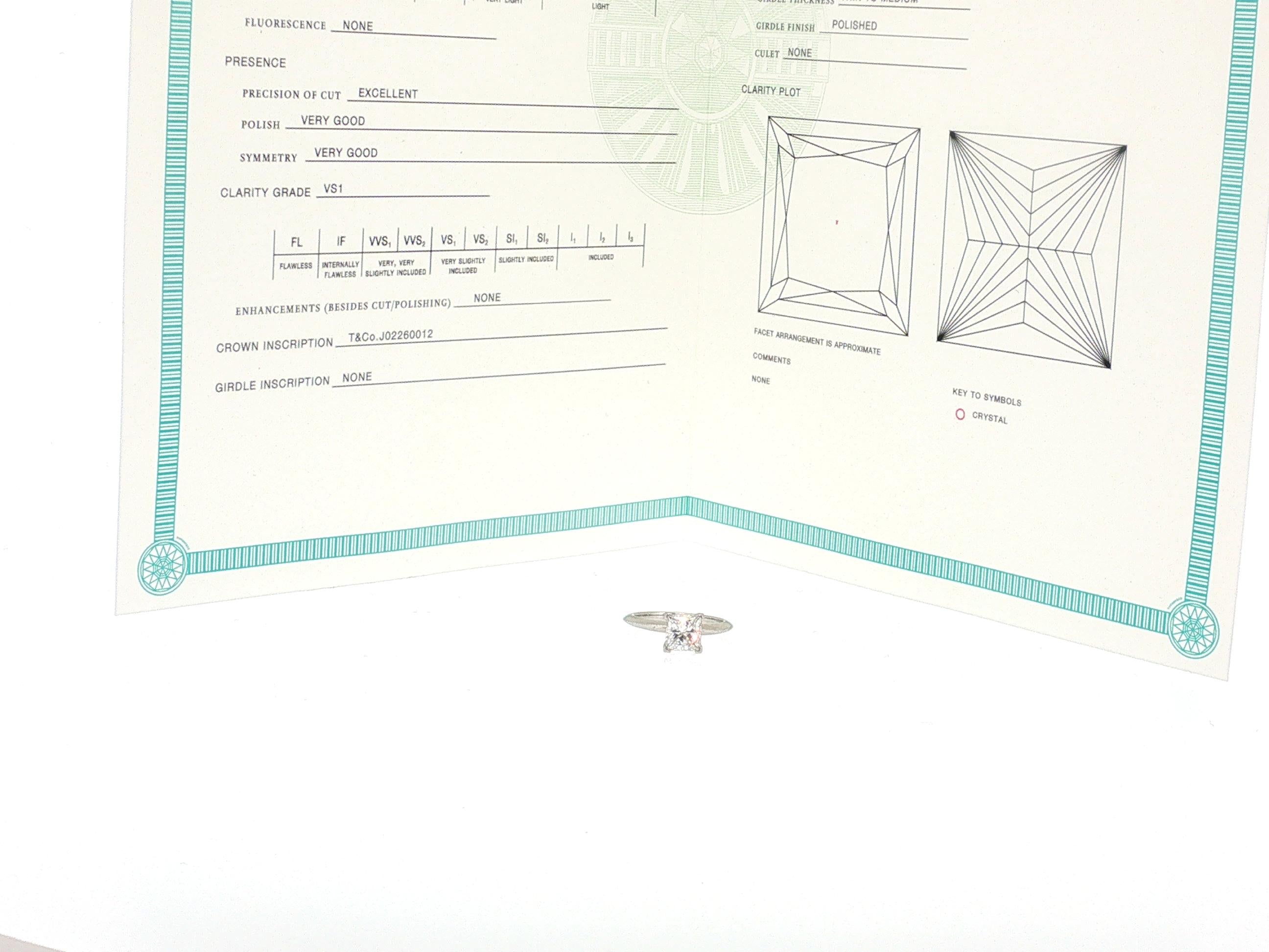 Tiffany & Co Platinum Engagement Ring 1.59 Carat Princess Cut Diamond Size 6