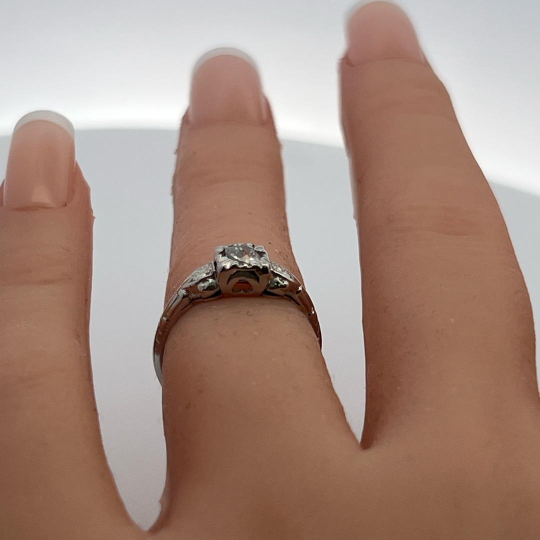 Platinum Art Deco Ring with 0.3 Carat Old European Cut H-VS Diamonds Size 5