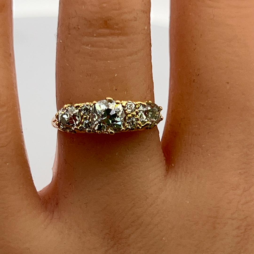 18K YG 3-Stone Ring with 1.89 Ct Old Miner & Old European Cut Diamonds GIA