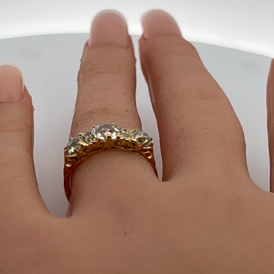 18K YG 3-Stone Ring with 1.89 Ct Old Miner & Old European Cut Diamonds GIA