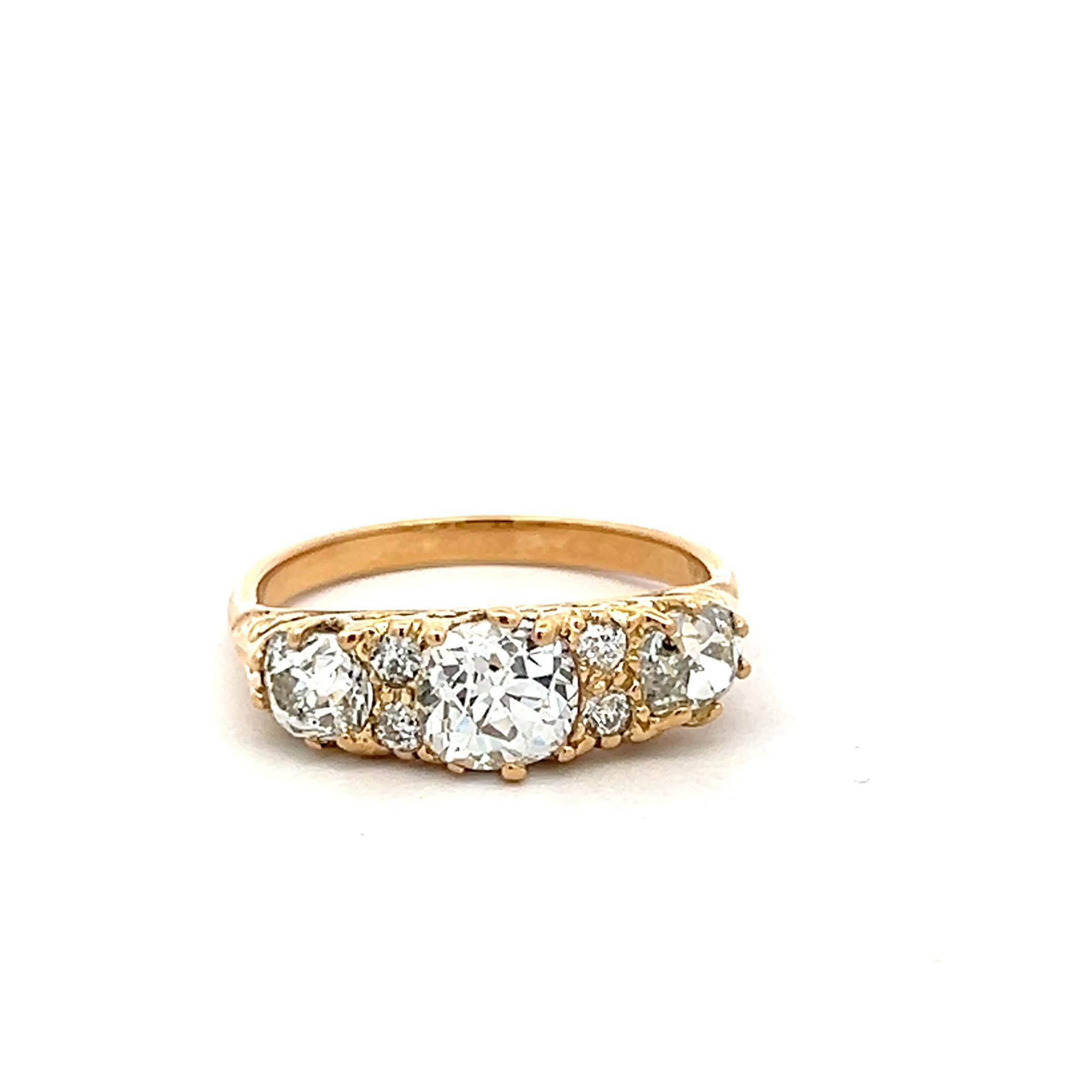 18K YG 3-Stone Ring with 1.89 Ct Old Miner & Old European Cut Diamonds GIA