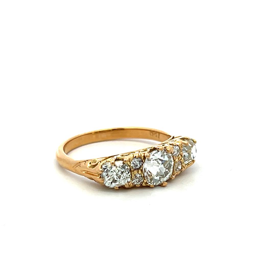 18K YG 3-Stone Ring with 1.89 Ct Old Miner & Old European Cut Diamonds GIA