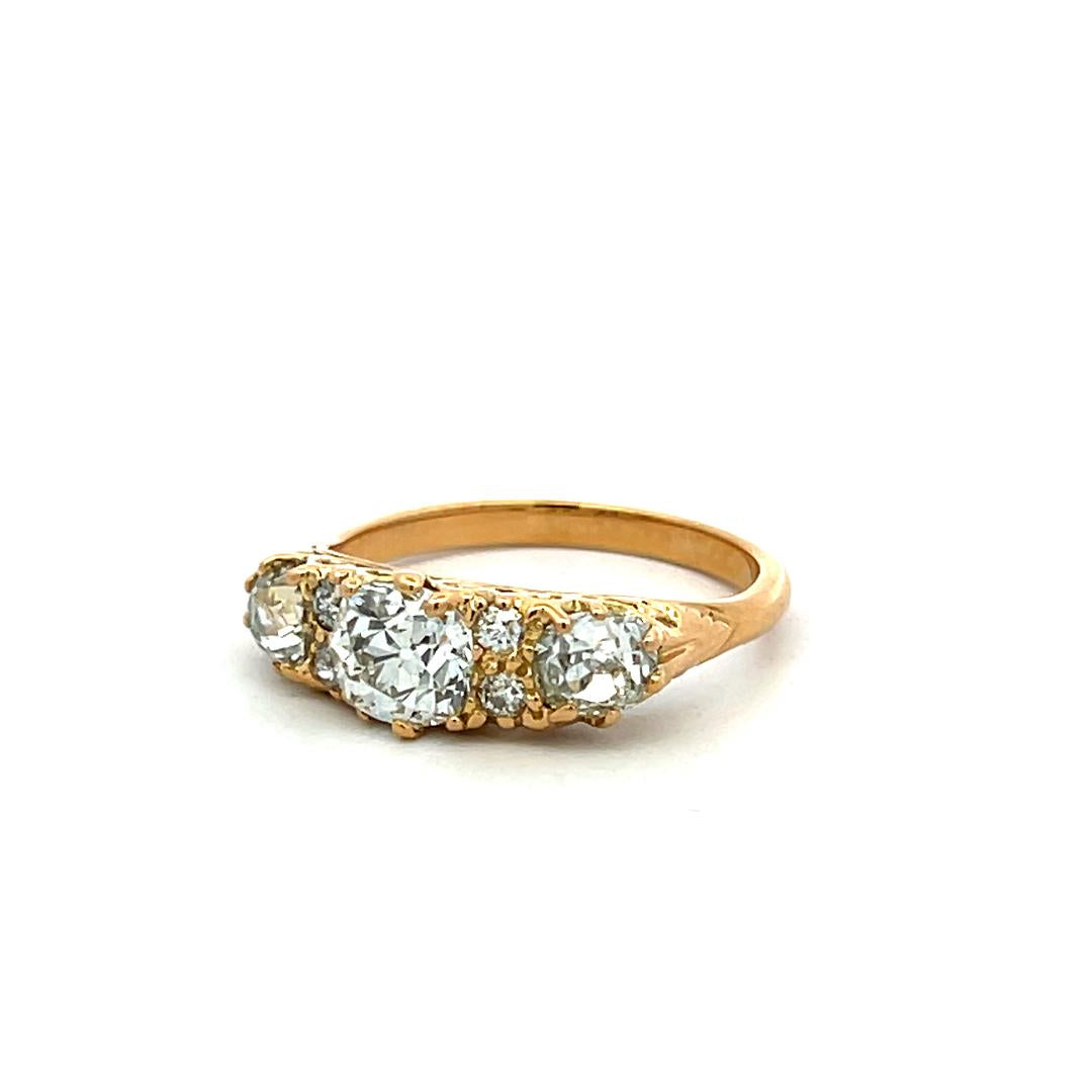 18K YG 3-Stone Ring with 1.89 Ct Old Miner & Old European Cut Diamonds GIA