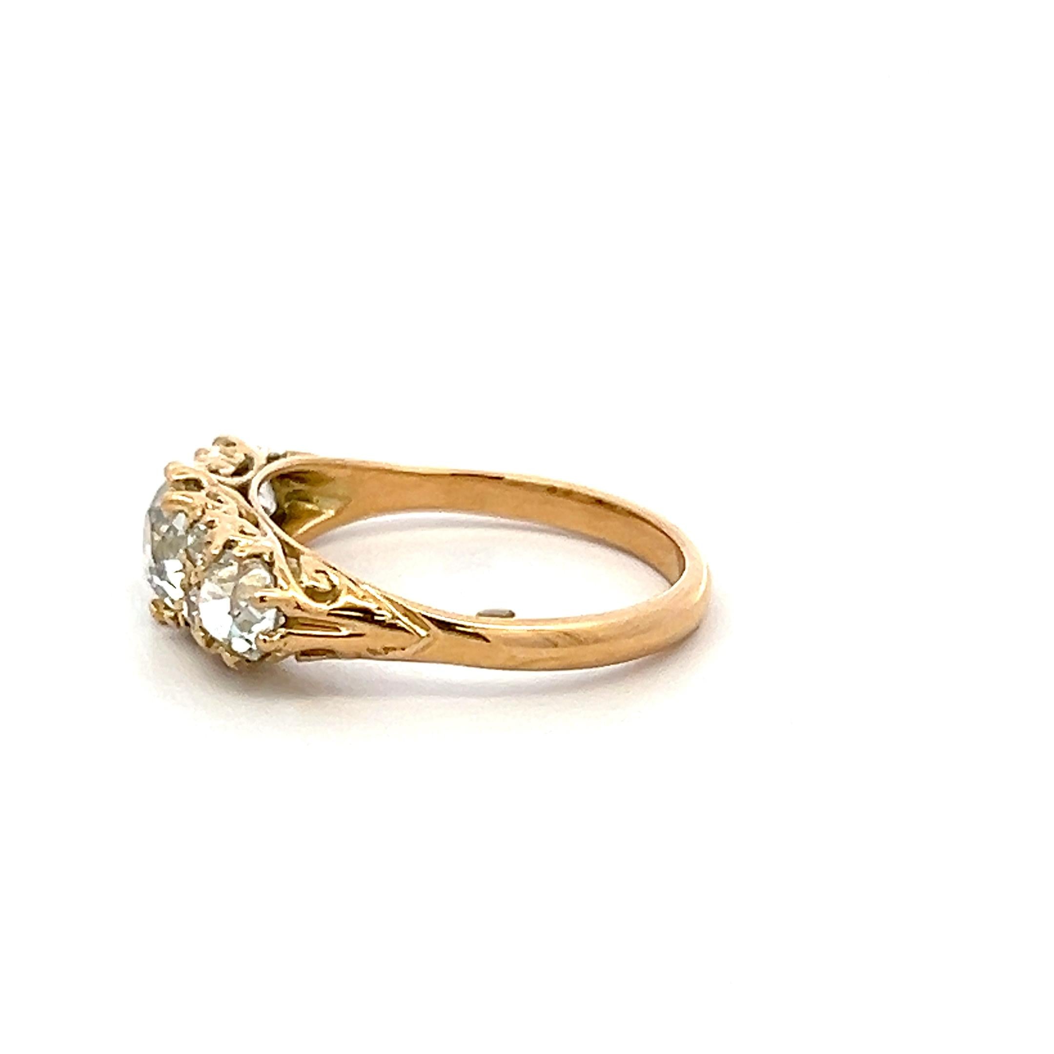 18K YG 3-Stone Ring with 1.89 Ct Old Miner & Old European Cut Diamonds GIA