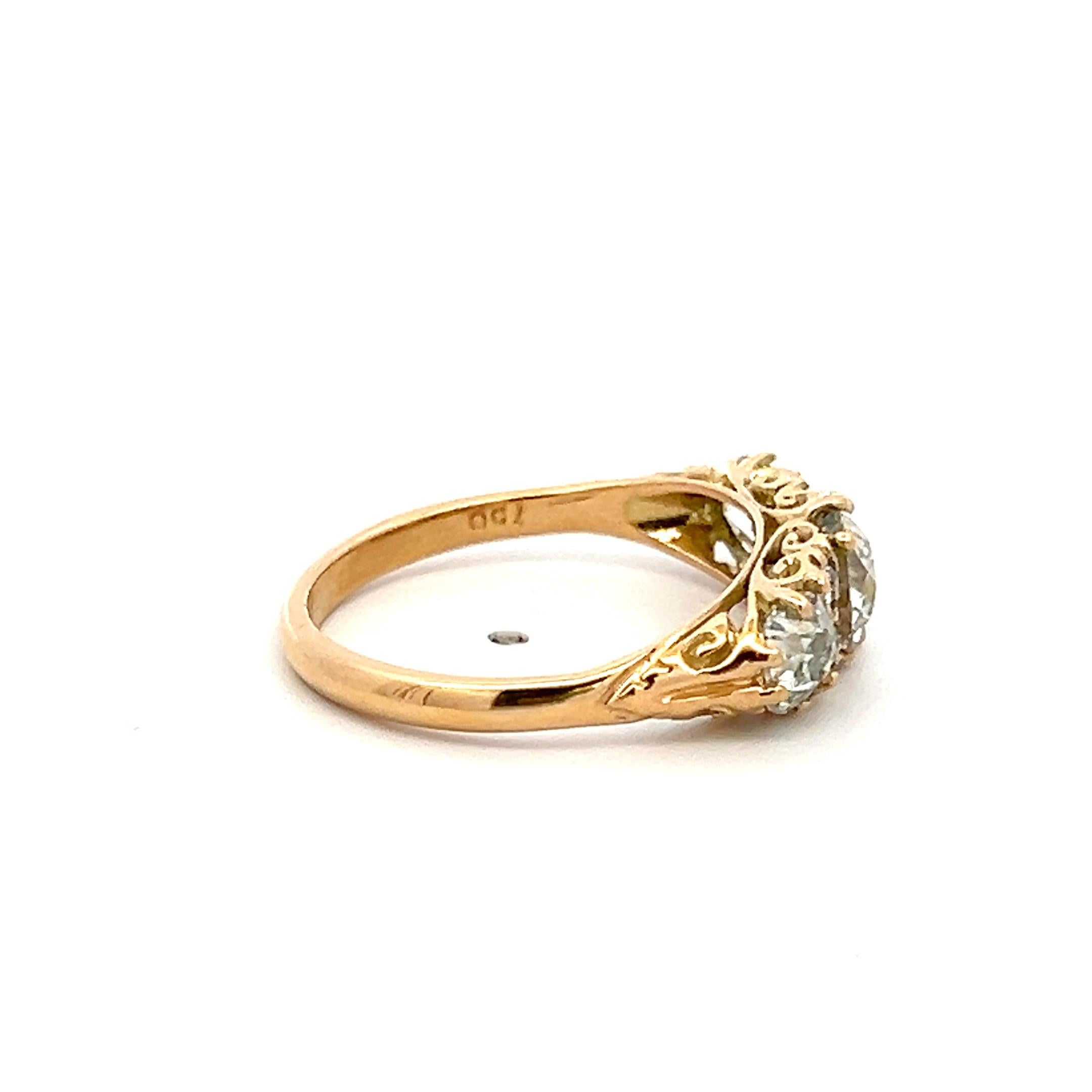 18K YG 3-Stone Ring with 1.89 Ct Old Miner & Old European Cut Diamonds GIA