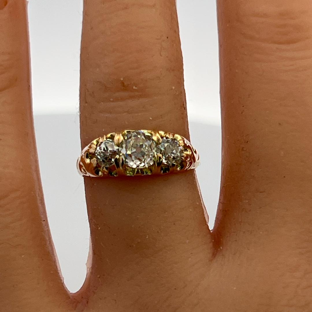 18K YG Three-Stone Ring with 1.41 Carat Old Miner Cut Diamonds Size 6.5 GIA