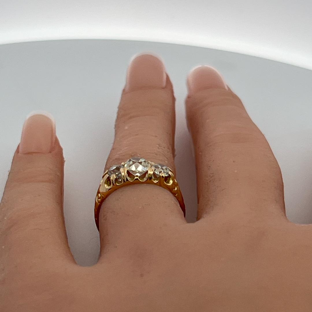 18K YG Three-Stone Ring with 1.41 Carat Old Miner Cut Diamonds Size 6.5 GIA