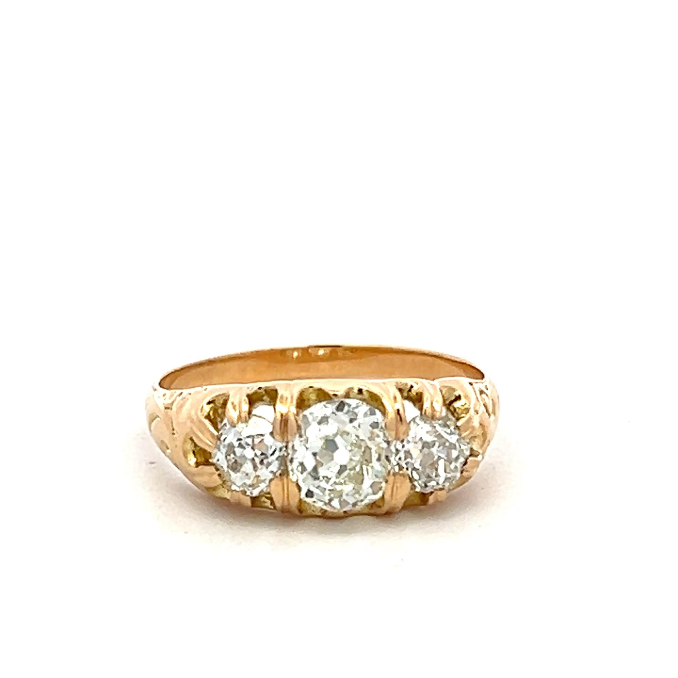 18K YG Three-Stone Ring with 1.41 Carat Old Miner Cut Diamonds Size 6.5 GIA