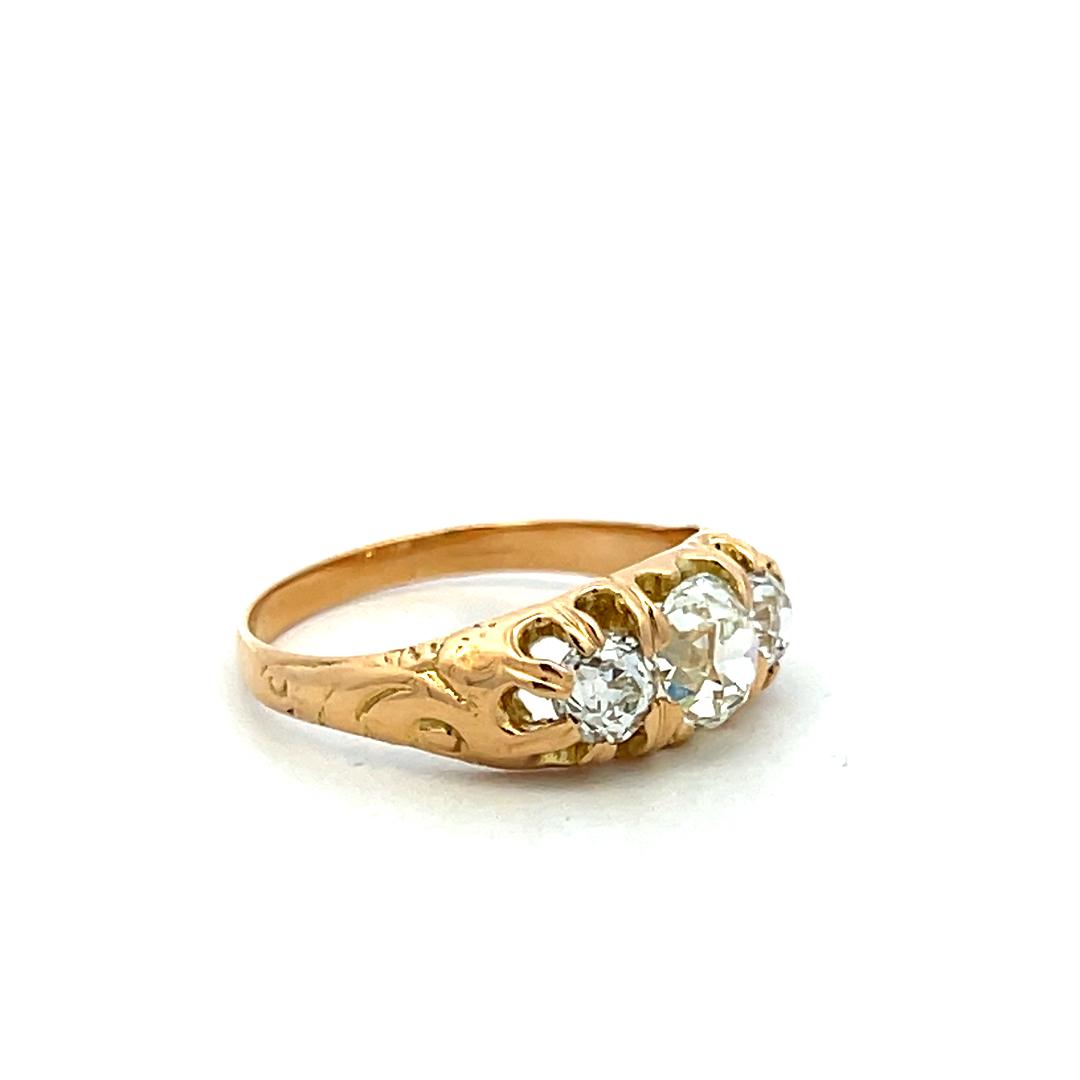 18K YG Three-Stone Ring with 1.41 Carat Old Miner Cut Diamonds Size 6.5 GIA