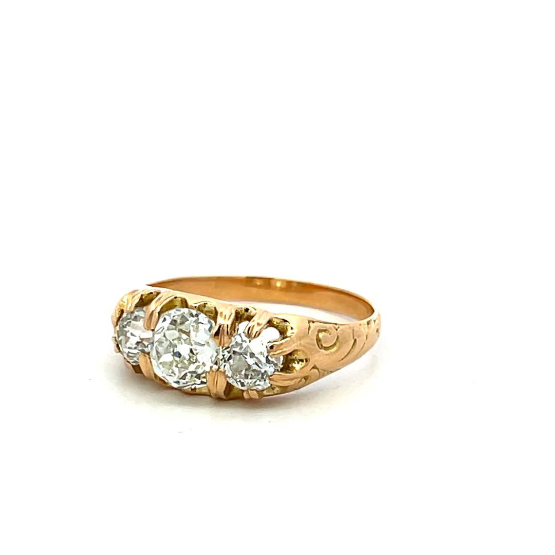 18K YG Three-Stone Ring with 1.41 Carat Old Miner Cut Diamonds Size 6.5 GIA