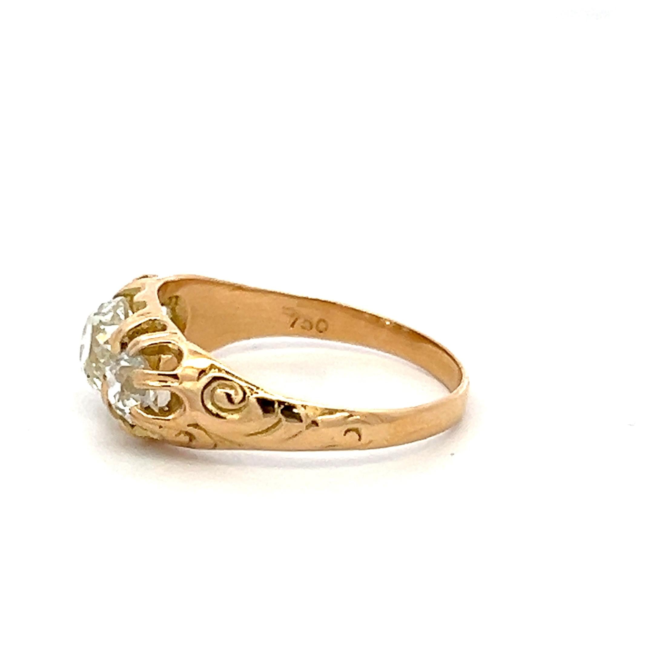 18K YG Three-Stone Ring with 1.41 Carat Old Miner Cut Diamonds Size 6.5 GIA