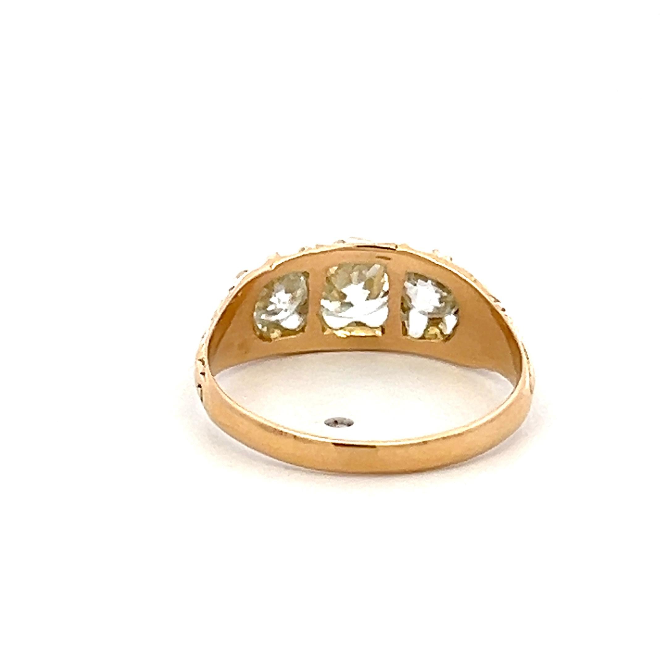 18K YG Three-Stone Ring with 1.41 Carat Old Miner Cut Diamonds Size 6.5 GIA