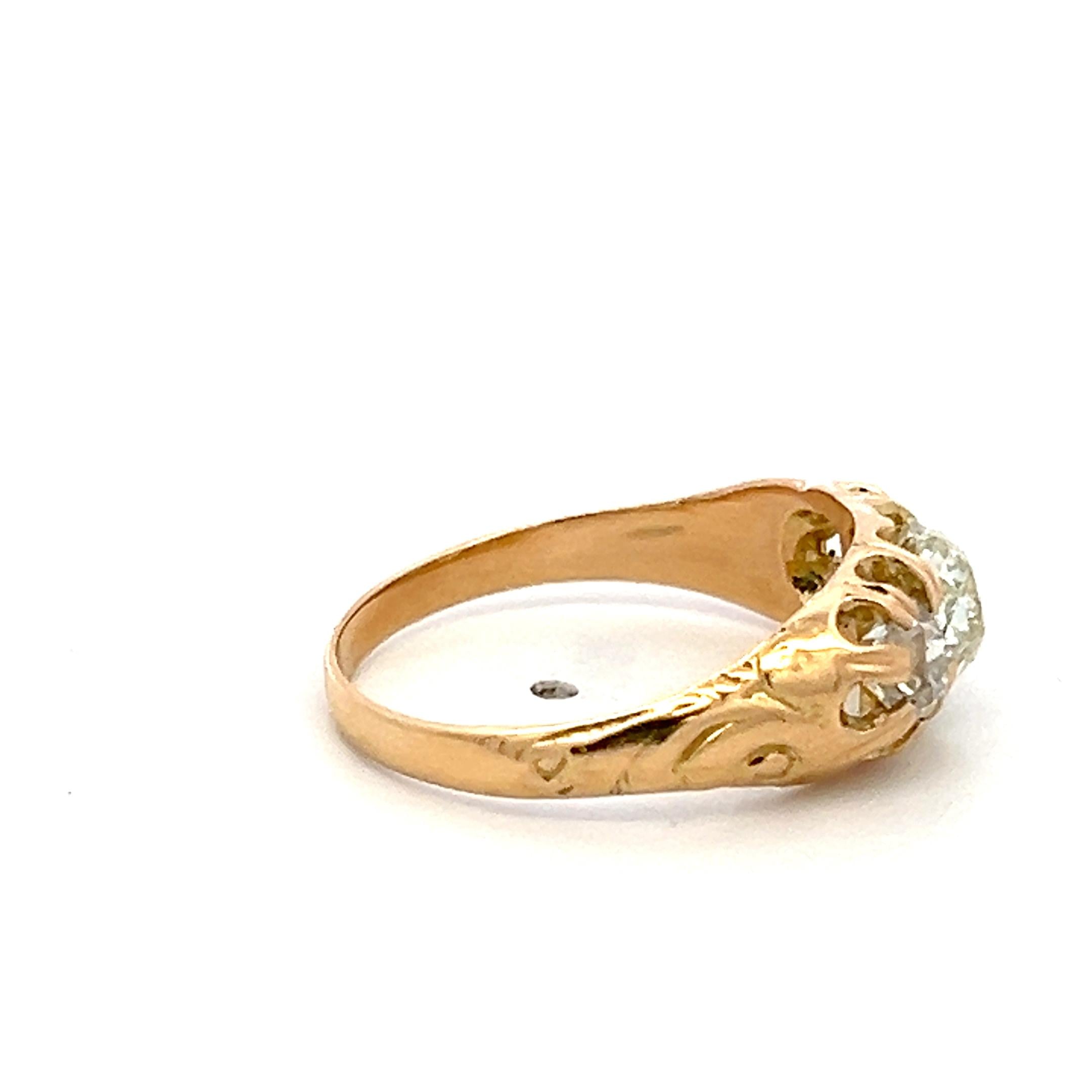 18K YG Three-Stone Ring with 1.41 Carat Old Miner Cut Diamonds Size 6.5 GIA