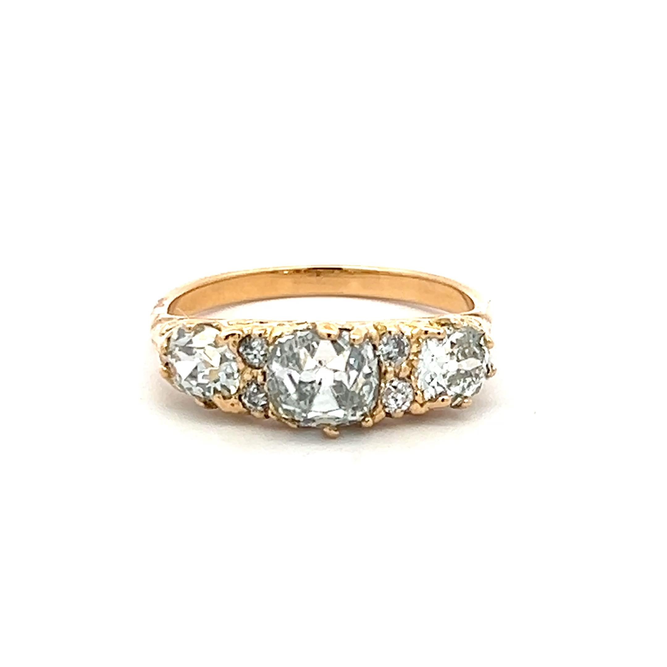 18K YG Three-Stone Ring with 2.12 Ct Old Miner & European Diamonds Size 6.75 GIA