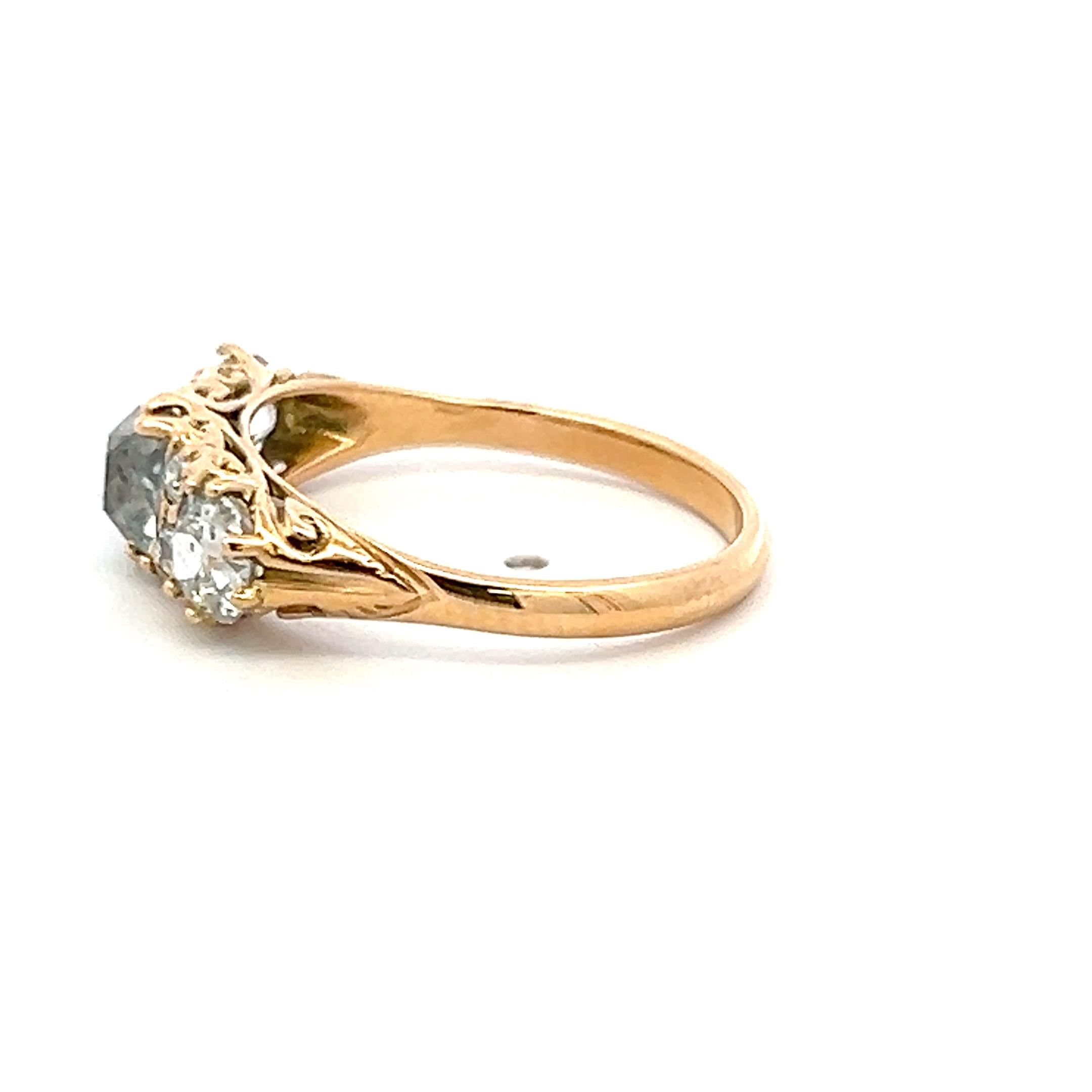18K YG Three-Stone Ring with 2.12 Ct Old Miner & European Diamonds Size 6.75 GIA