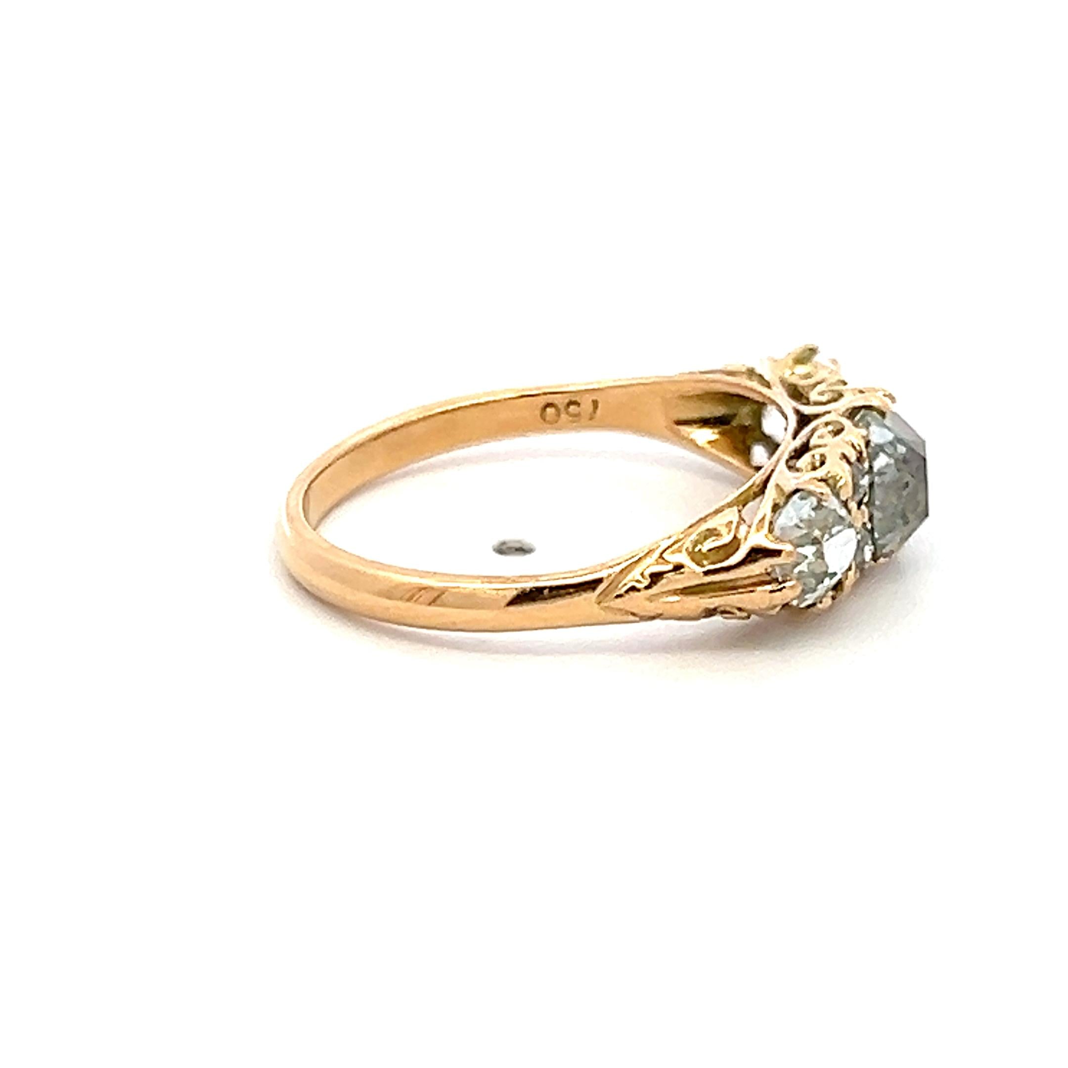 18K YG Three-Stone Ring with 2.12 Ct Old Miner & European Diamonds Size 6.75 GIA