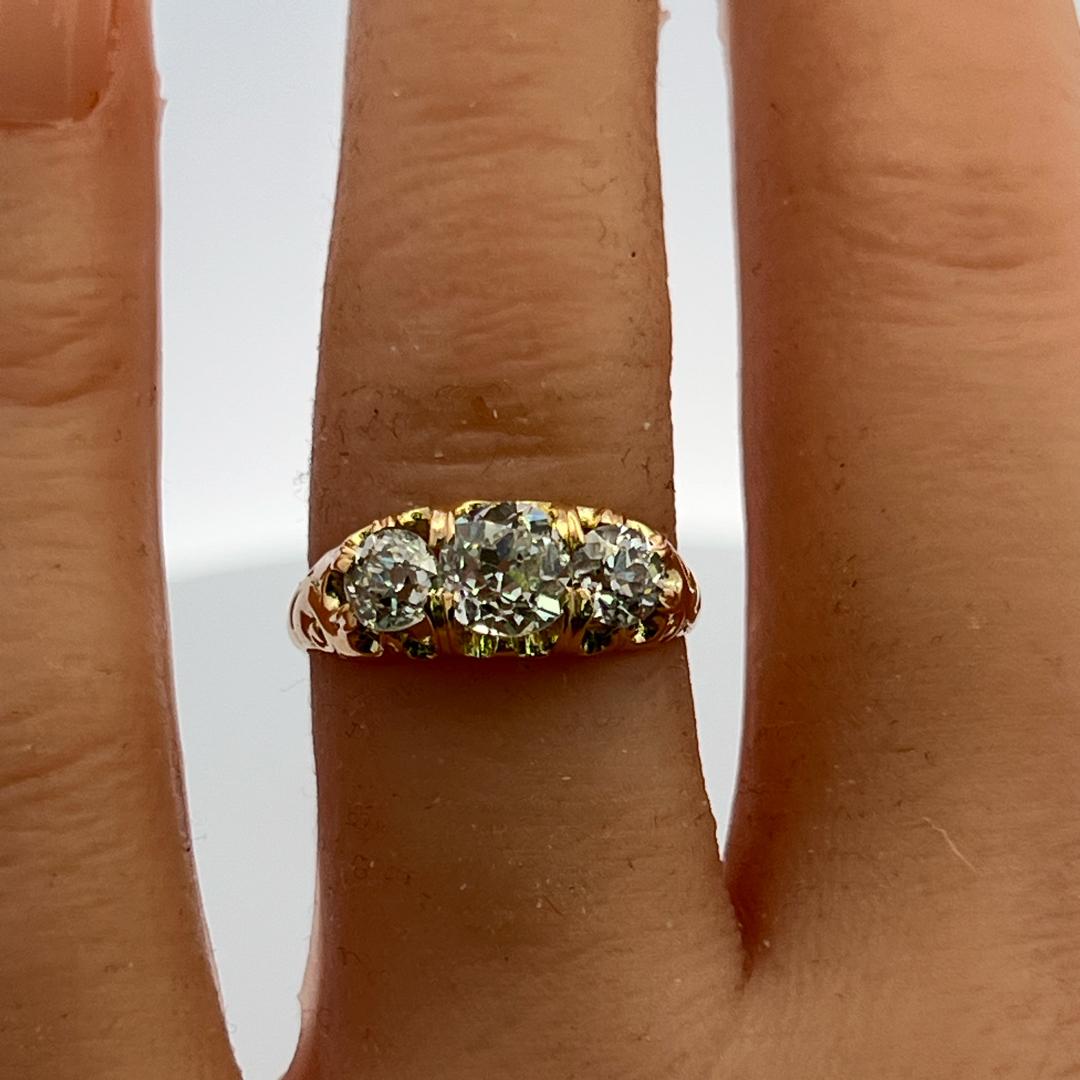 18K YG Three-Stone Ring with 1.57 Carat Old Miner Cut Diamonds Size 6.5 GIA