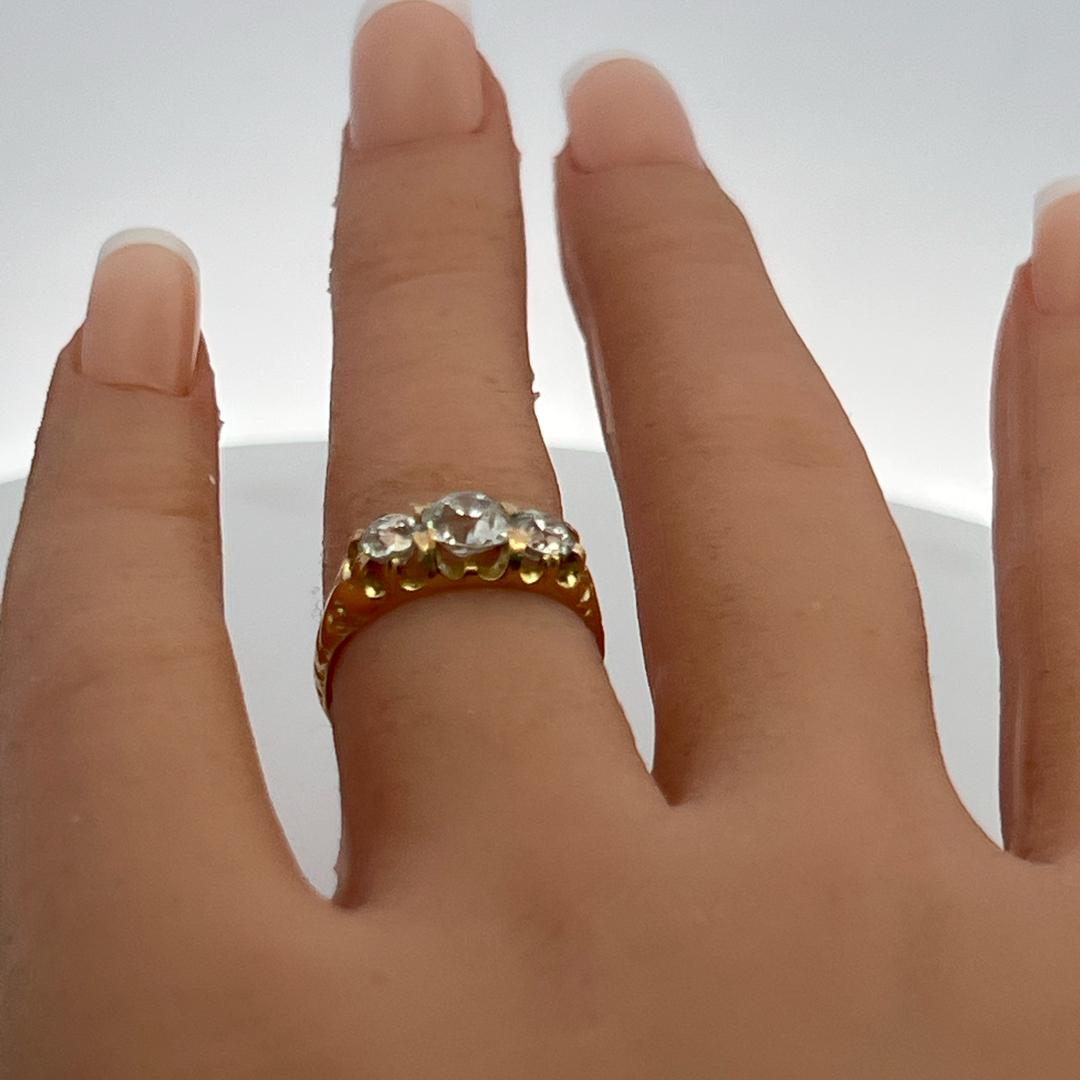 18K YG Three-Stone Ring with 1.57 Carat Old Miner Cut Diamonds Size 6.5 GIA