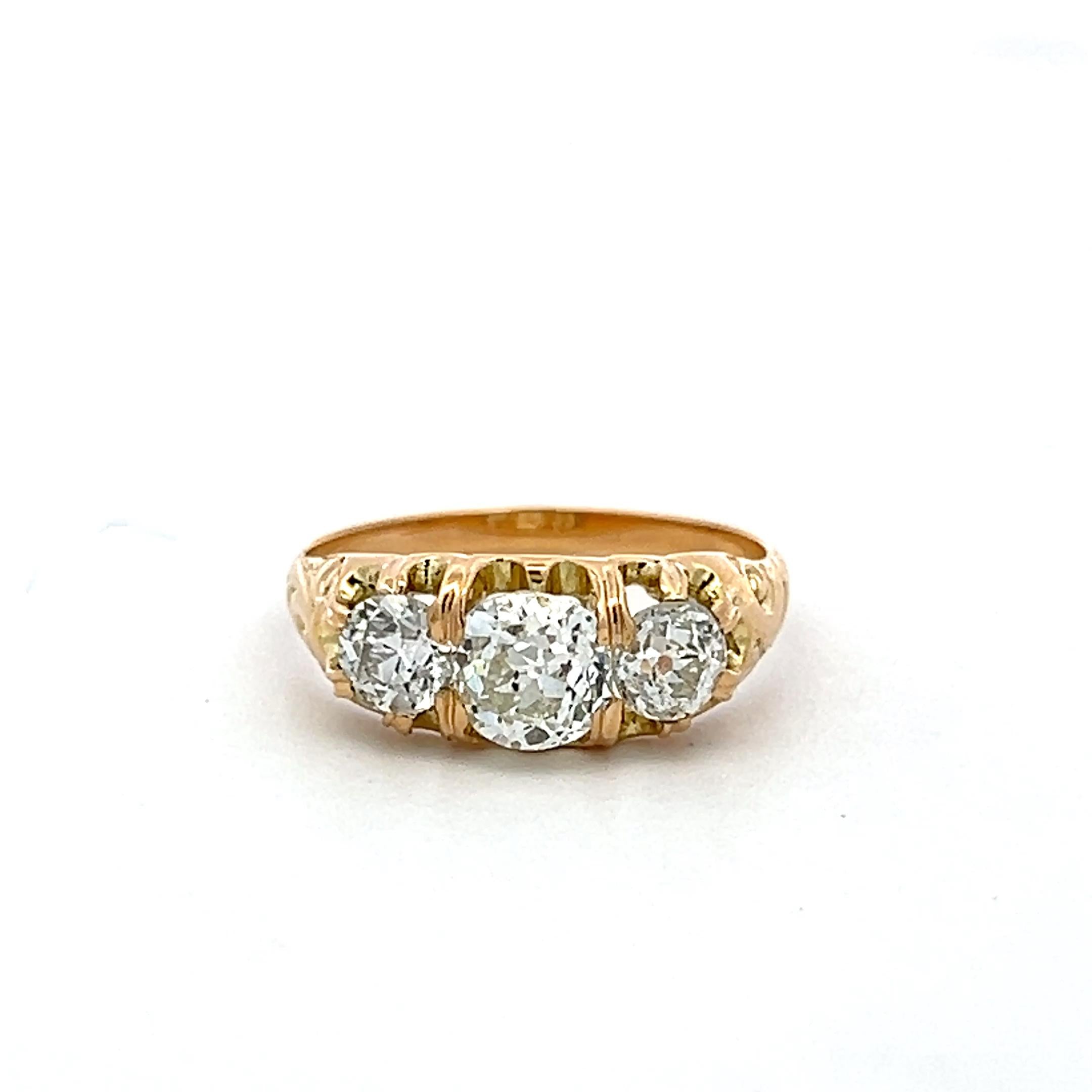 18K YG Three-Stone Ring with 1.57 Carat Old Miner Cut Diamonds Size 6.5 GIA