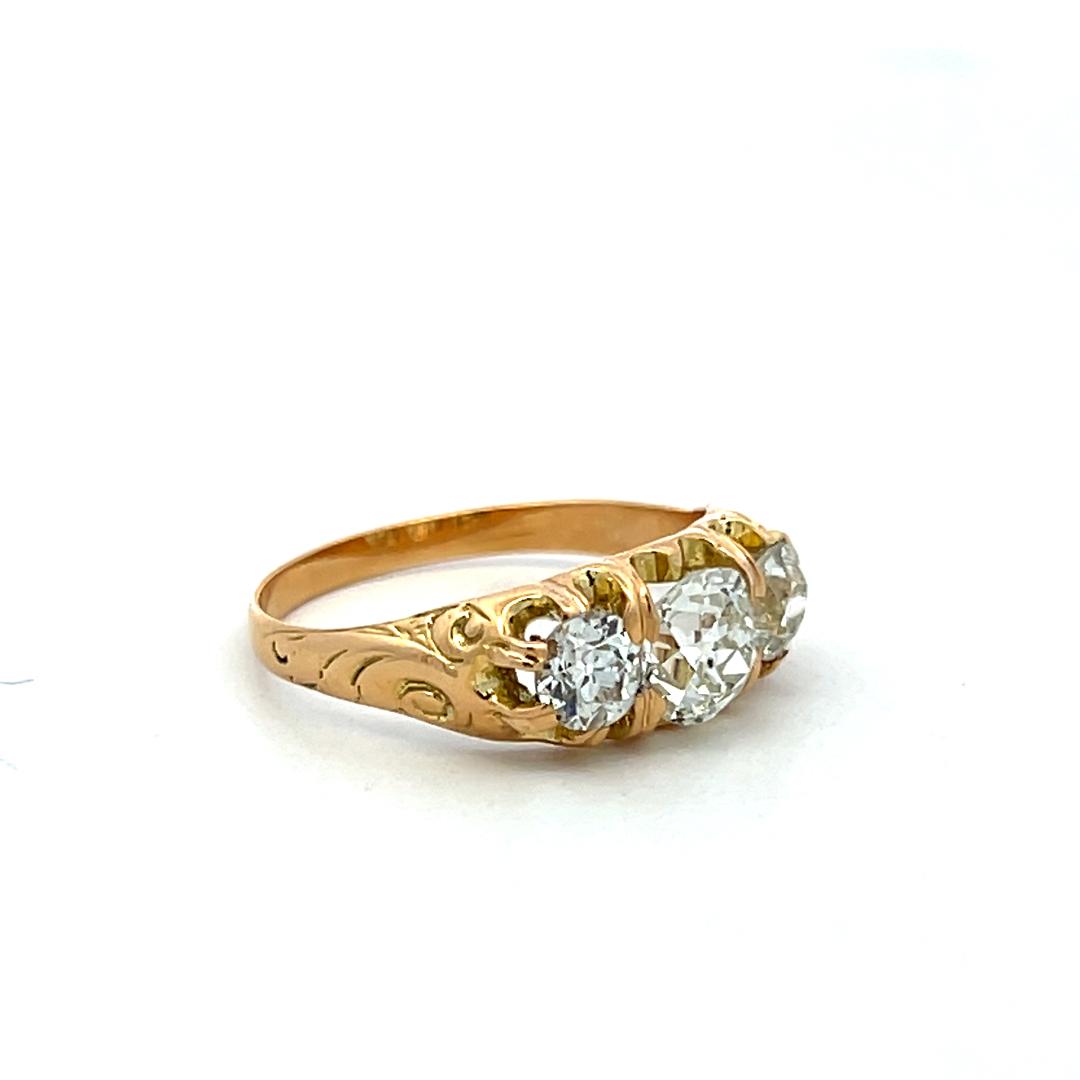 18K YG Three-Stone Ring with 1.57 Carat Old Miner Cut Diamonds Size 6.5 GIA