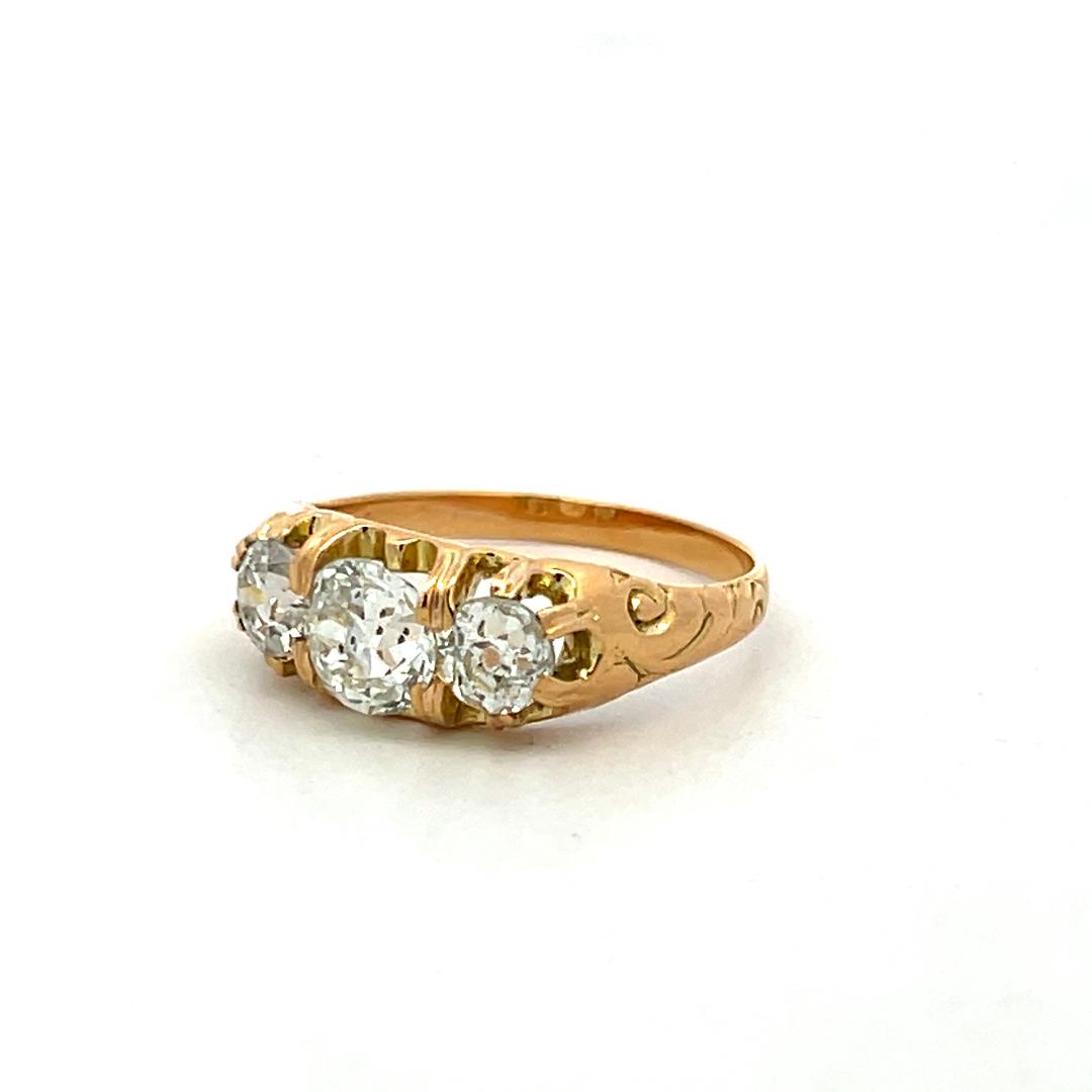 18K YG Three-Stone Ring with 1.57 Carat Old Miner Cut Diamonds Size 6.5 GIA