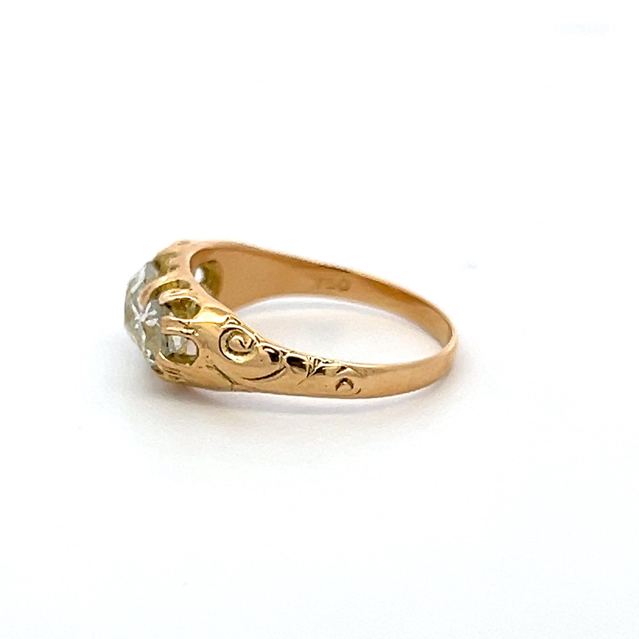 18K YG Three-Stone Ring with 1.57 Carat Old Miner Cut Diamonds Size 6.5 GIA