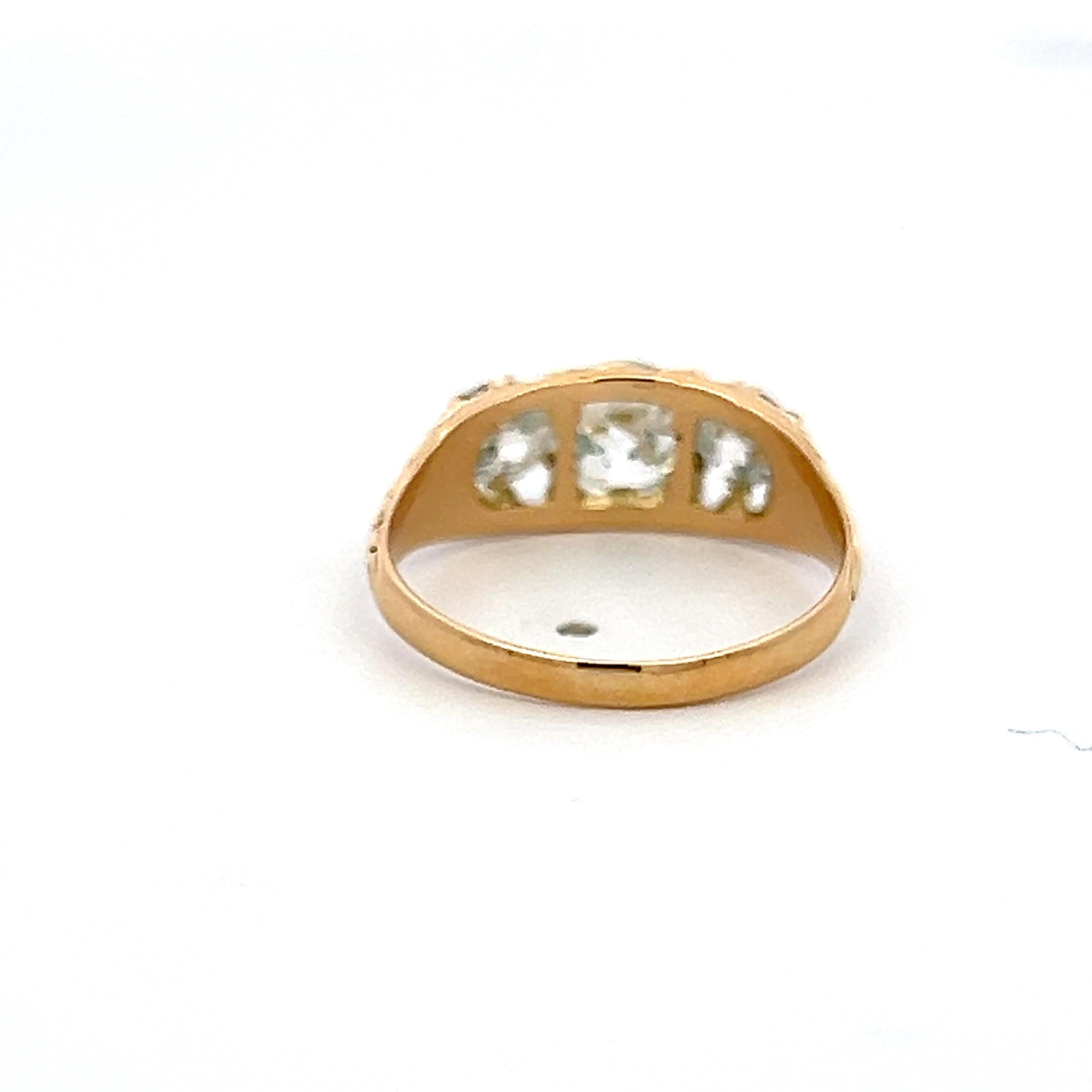 18K YG Three-Stone Ring with 1.57 Carat Old Miner Cut Diamonds Size 6.5 GIA