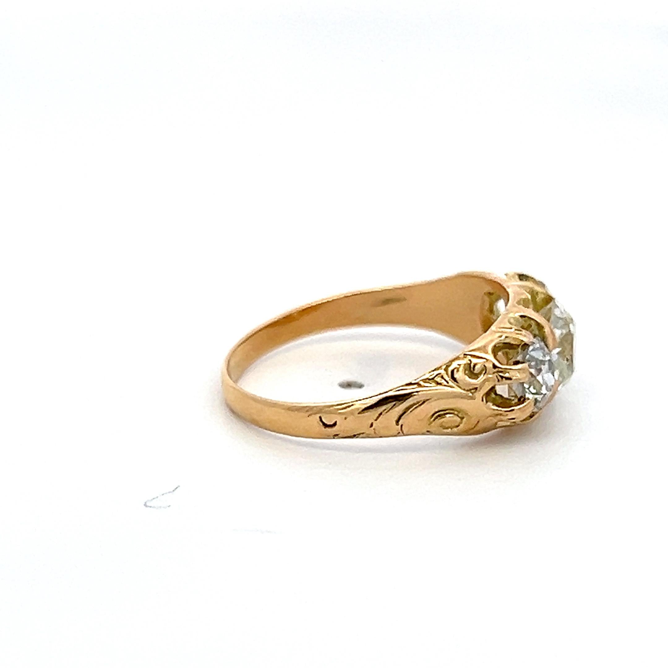 18K YG Three-Stone Ring with 1.57 Carat Old Miner Cut Diamonds Size 6.5 GIA