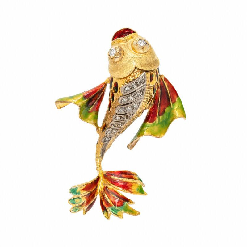 Vintage 14K Two Tone Gold Fish Pin Brooch 0.32ct Old European Cut Diamonds