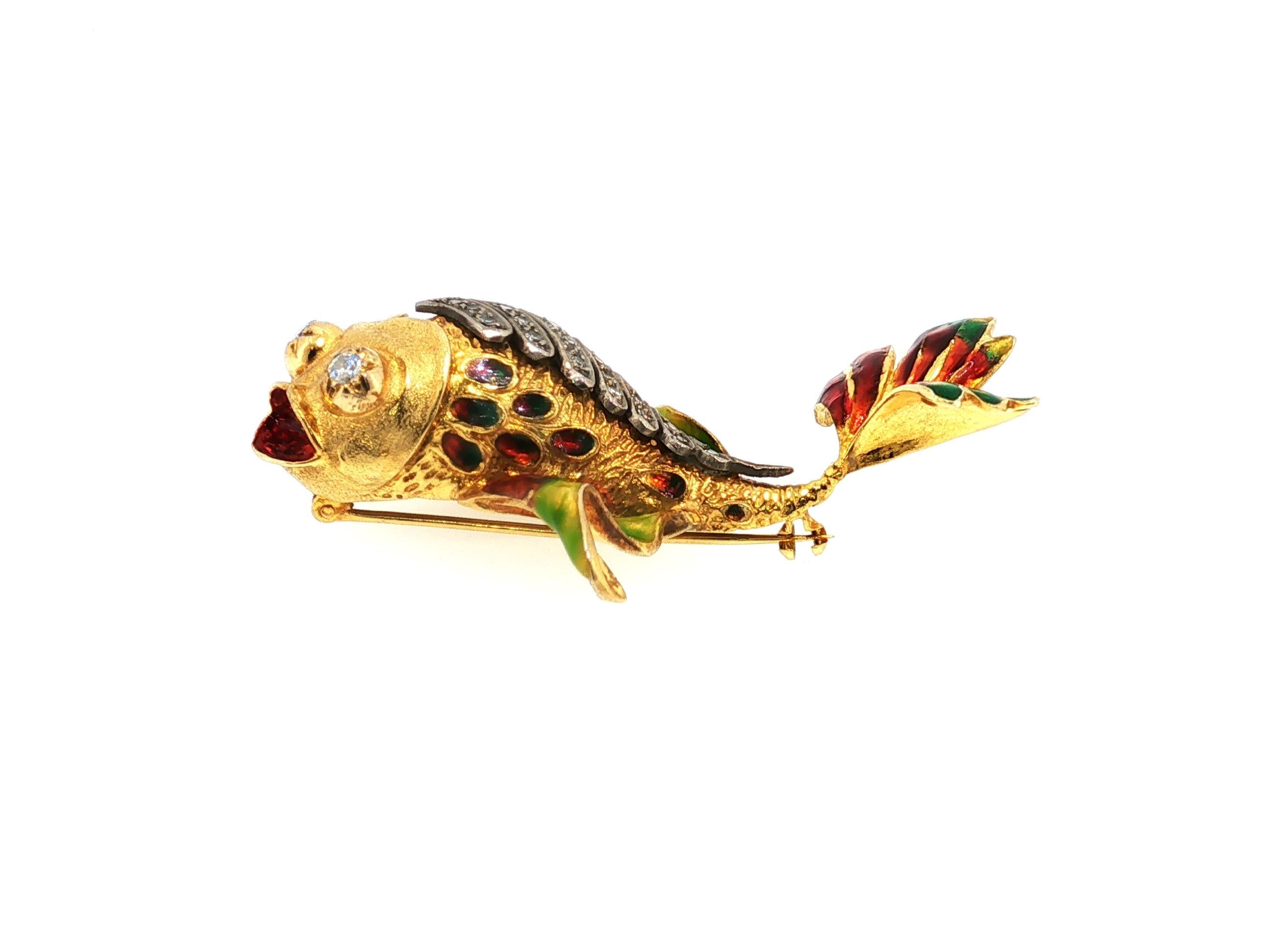 Vintage 14K Two Tone Gold Fish Pin Brooch 0.32ct Old European Cut Diamonds