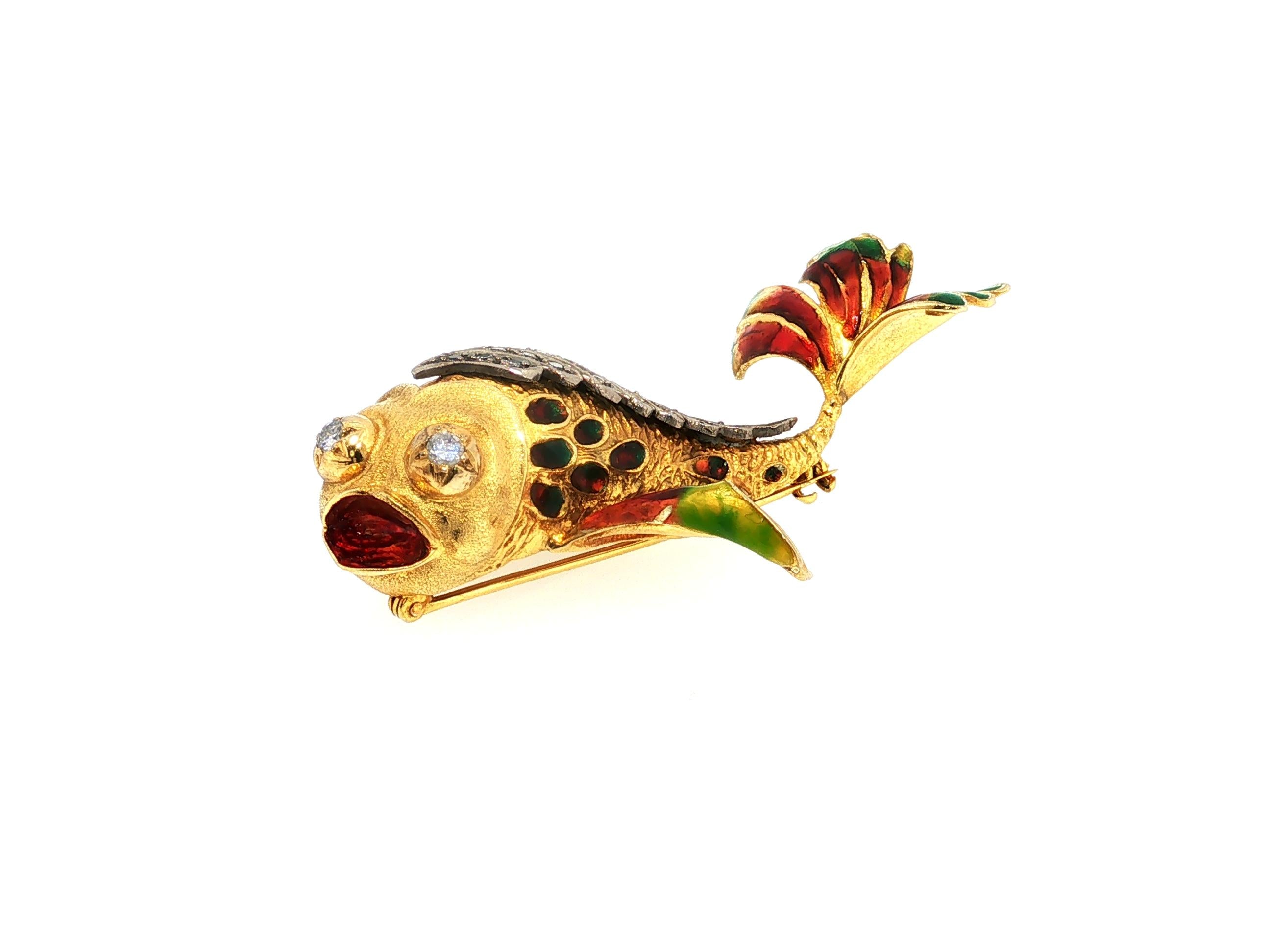 Vintage 14K Two Tone Gold Fish Pin Brooch 0.32ct Old European Cut Diamonds