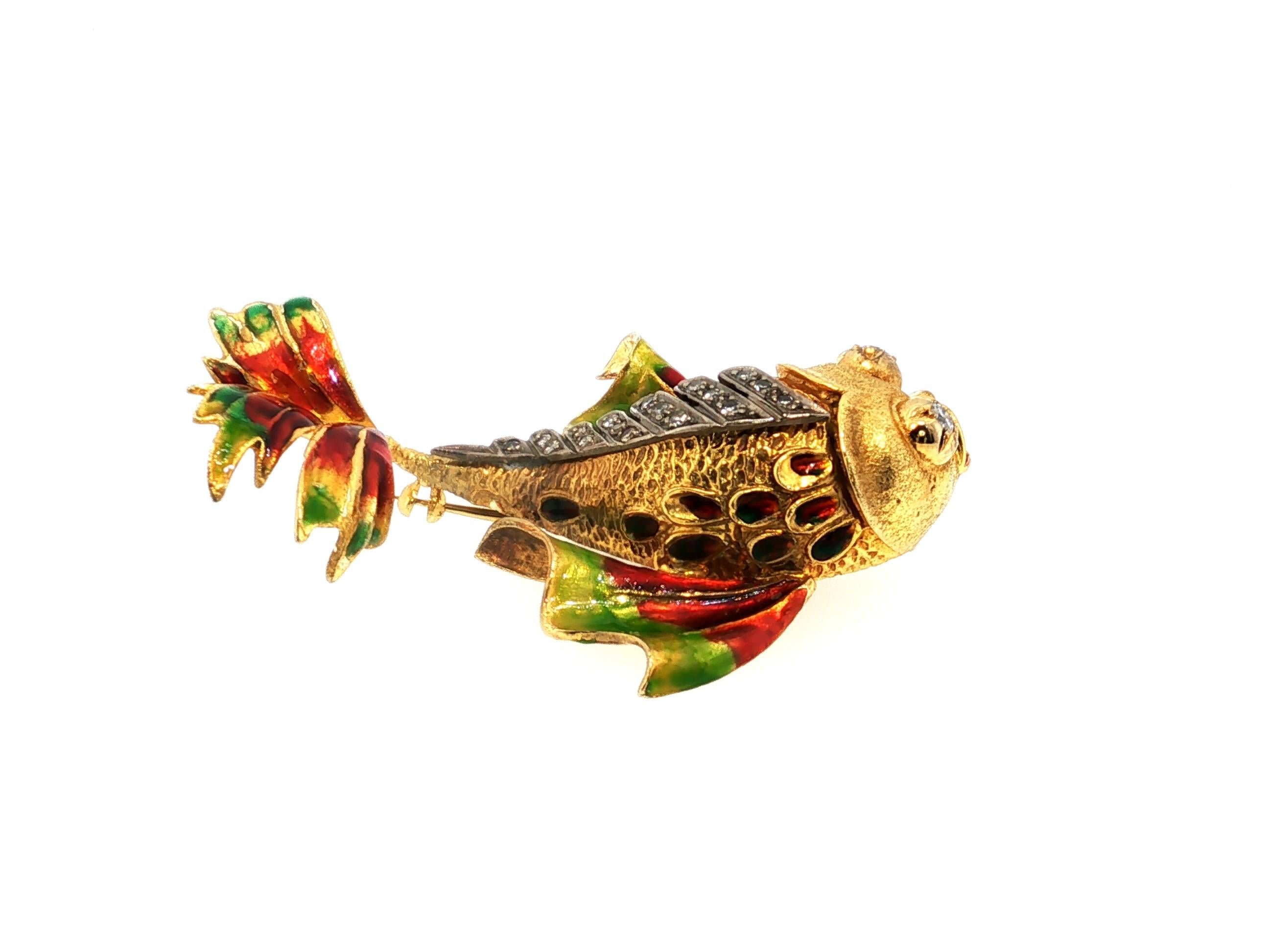 Vintage 14K Two Tone Gold Fish Pin Brooch 0.32ct Old European Cut Diamonds