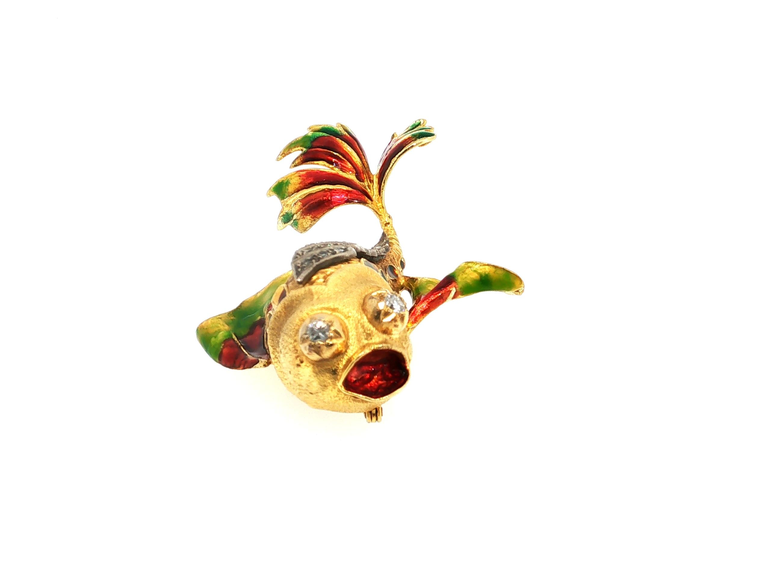 Vintage 14K Two Tone Gold Fish Pin Brooch 0.32ct Old European Cut Diamonds