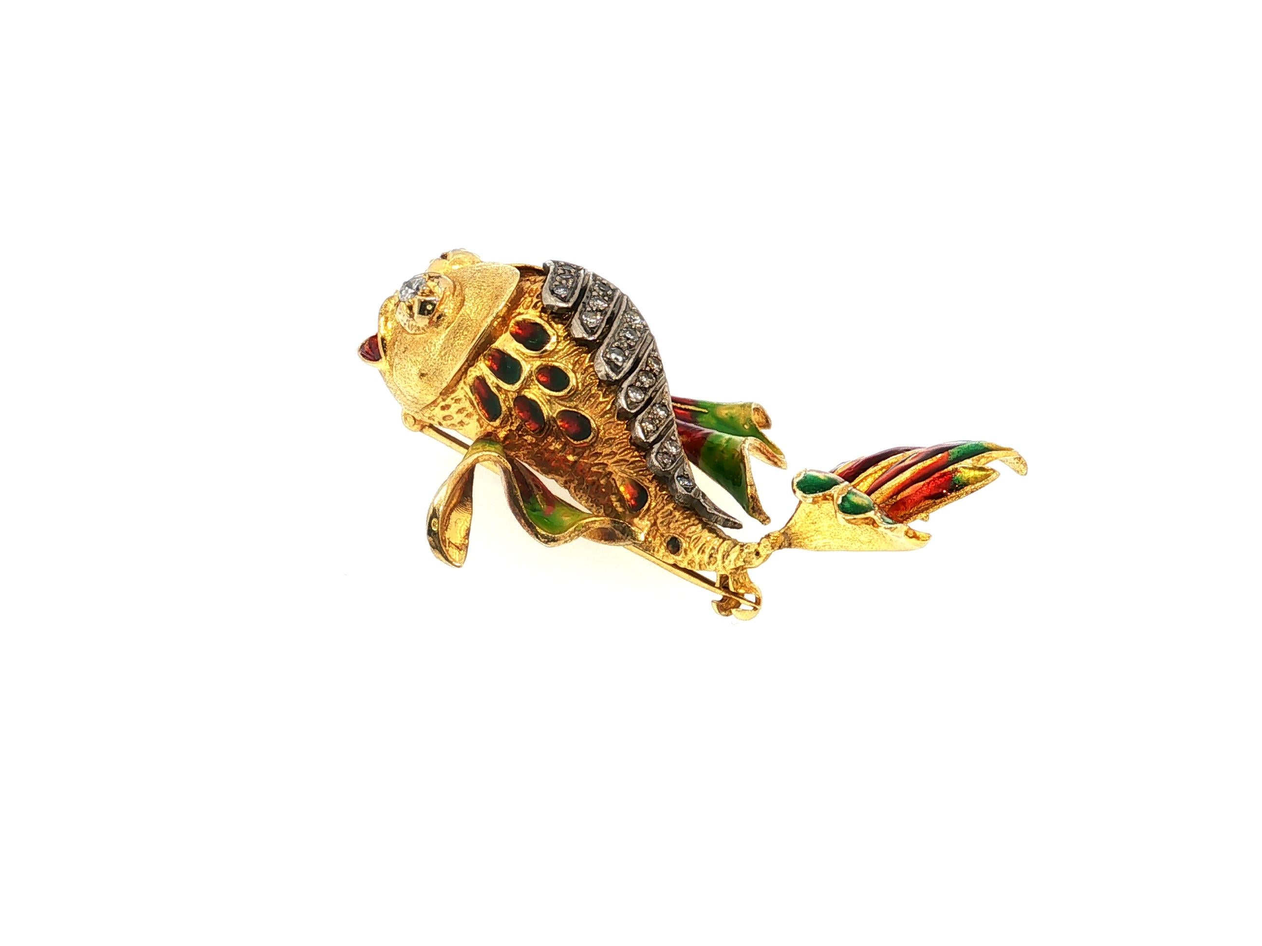 Vintage 14K Two Tone Gold Fish Pin Brooch 0.32ct Old European Cut Diamonds