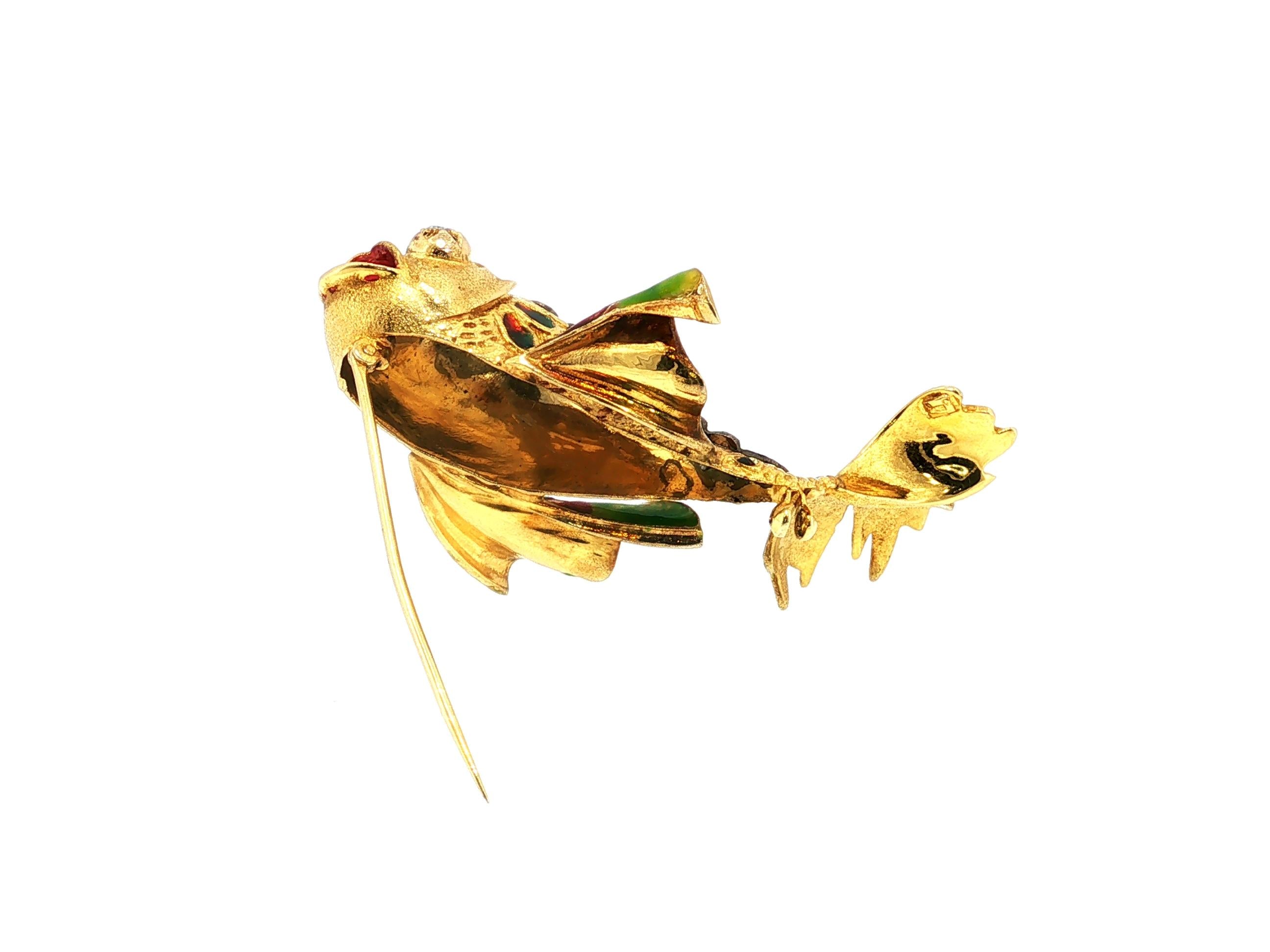 Vintage 14K Two Tone Gold Fish Pin Brooch 0.32ct Old European Cut Diamonds