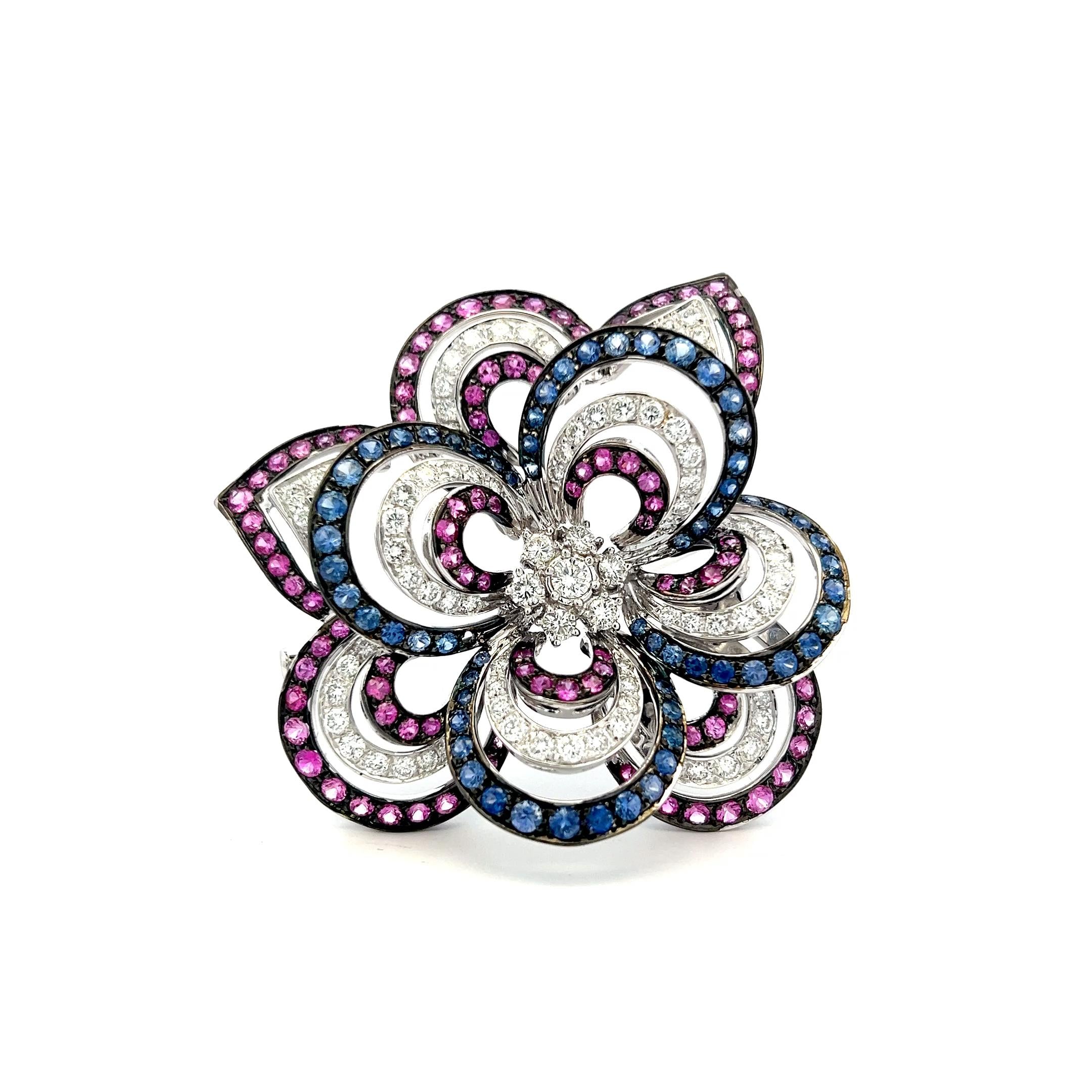 18K White Gold Pin Brooch with 4.5ct Round G VS Diamonds & 7.25ct Sapphire