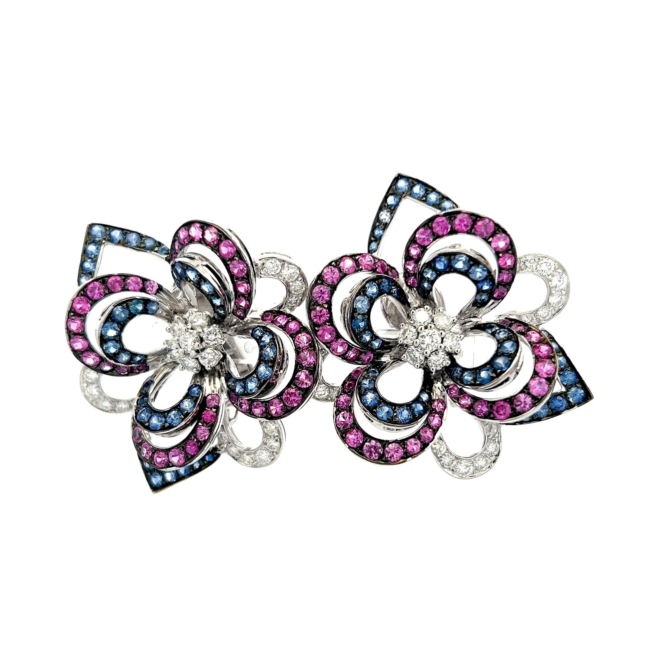 18K White Gold Clip On Earrings with 1.85ct Round G VS Diamonds & 8ct Sapphire