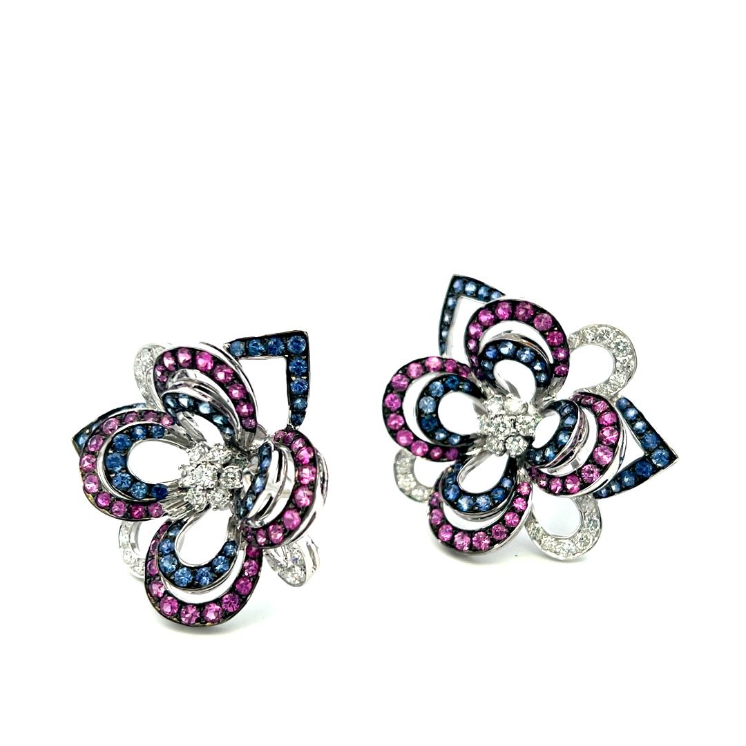 18K White Gold Clip On Earrings with 1.85ct Round G VS Diamonds & 8ct Sapphire