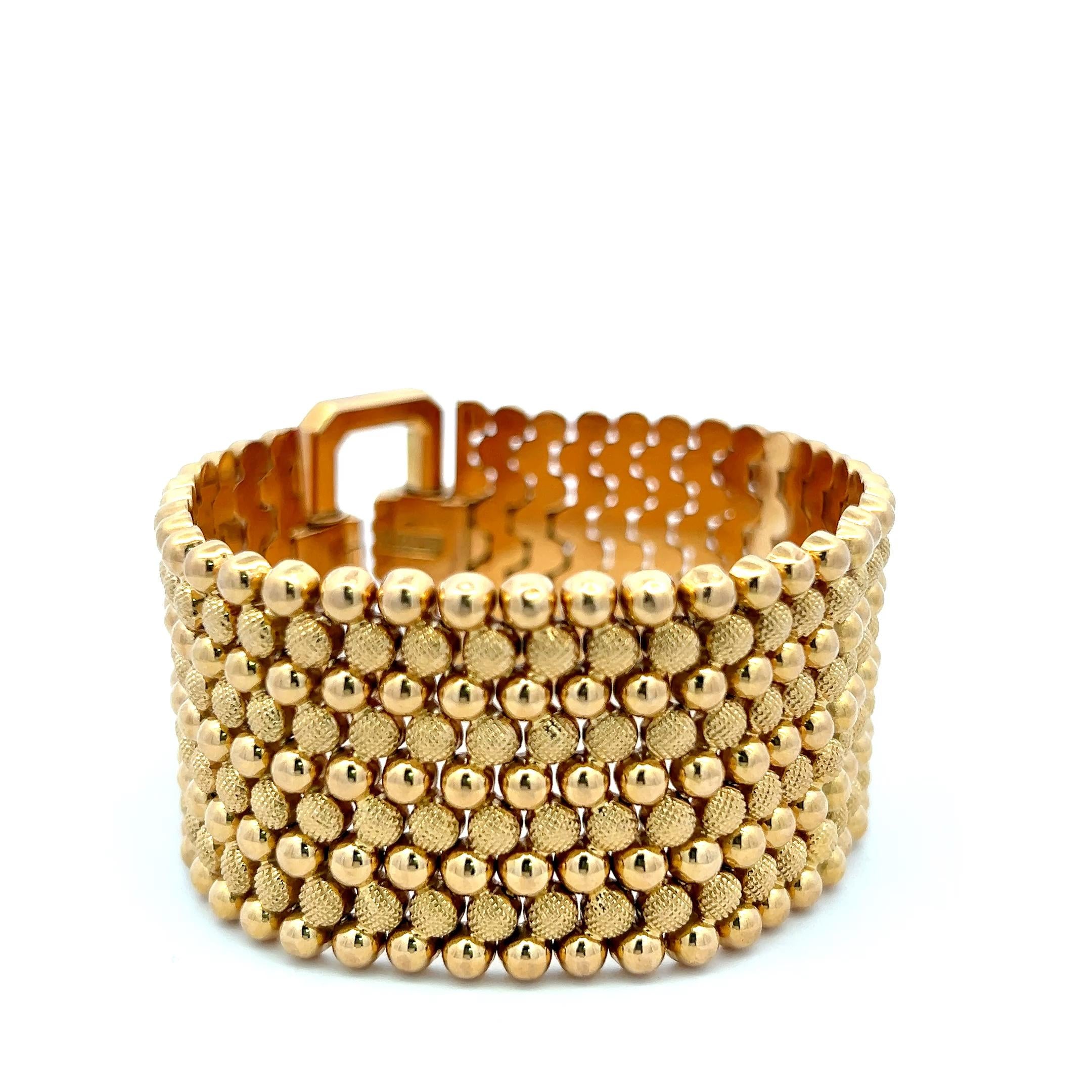 Vintage 18K Yellow Gold Wide Bead-Link Bracelet 68.7 Grams
